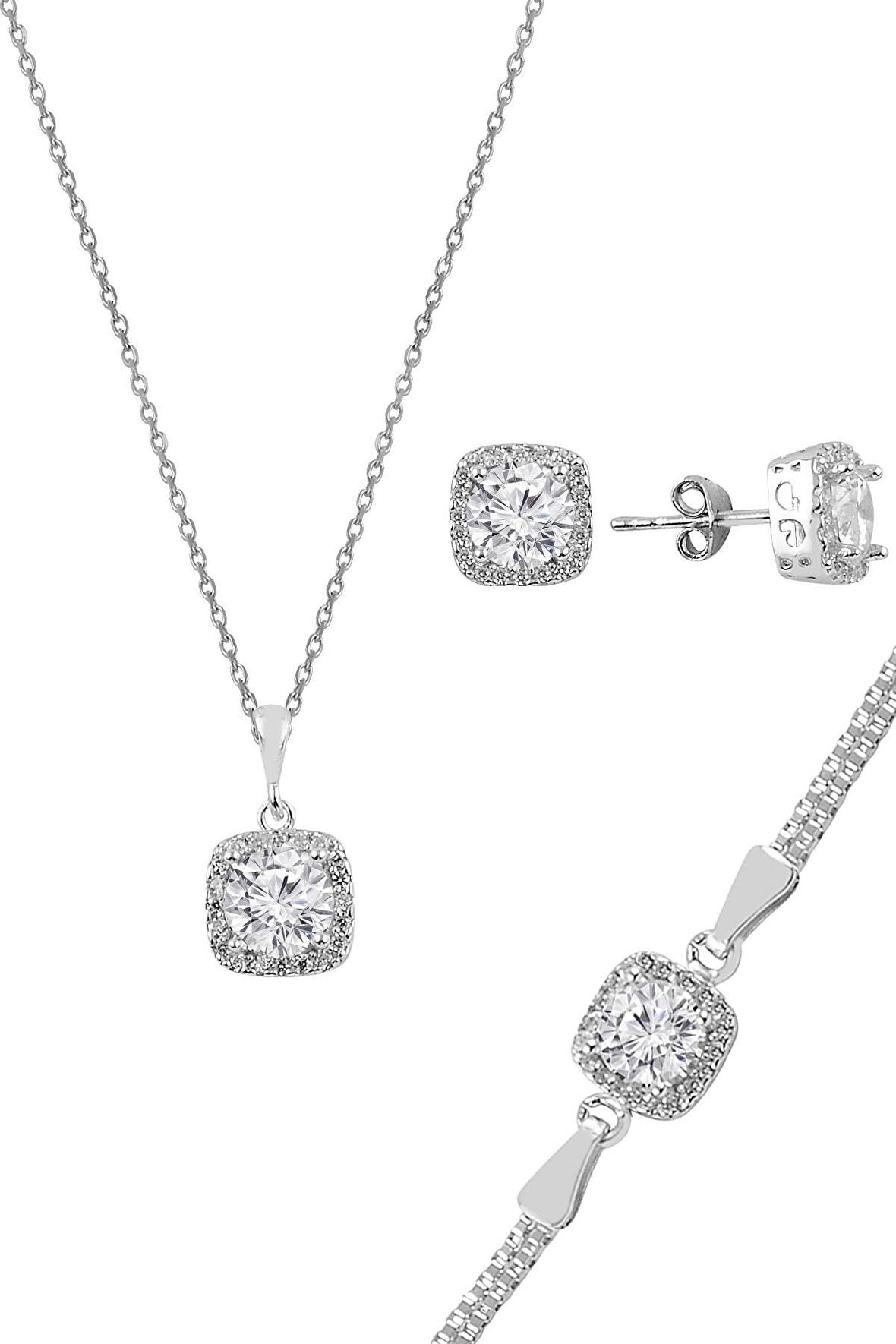 Gümüş zirkon taşlı kare pırlanta montürlü gümüş üçlü set