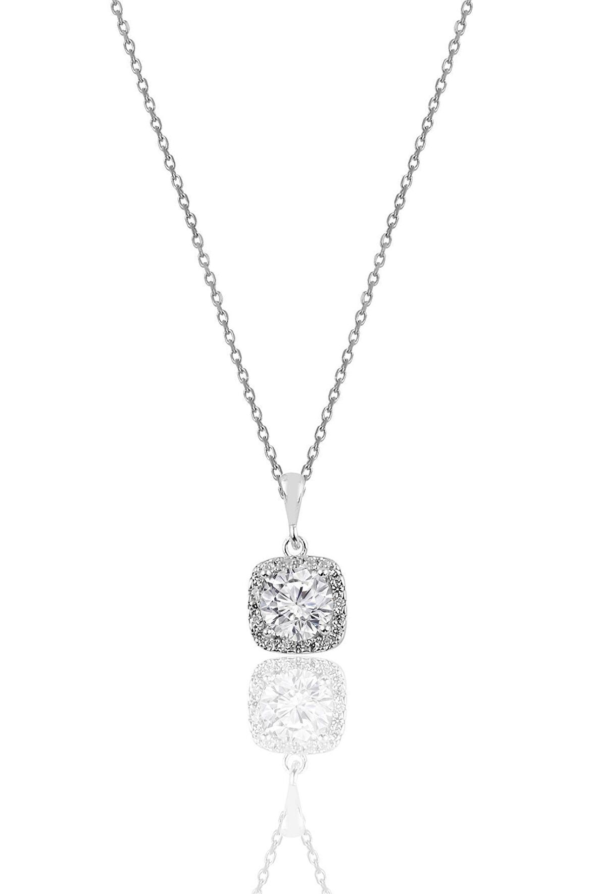 Gümüş zirkon taşlı kare pırlanta montürlü gümüş kolye