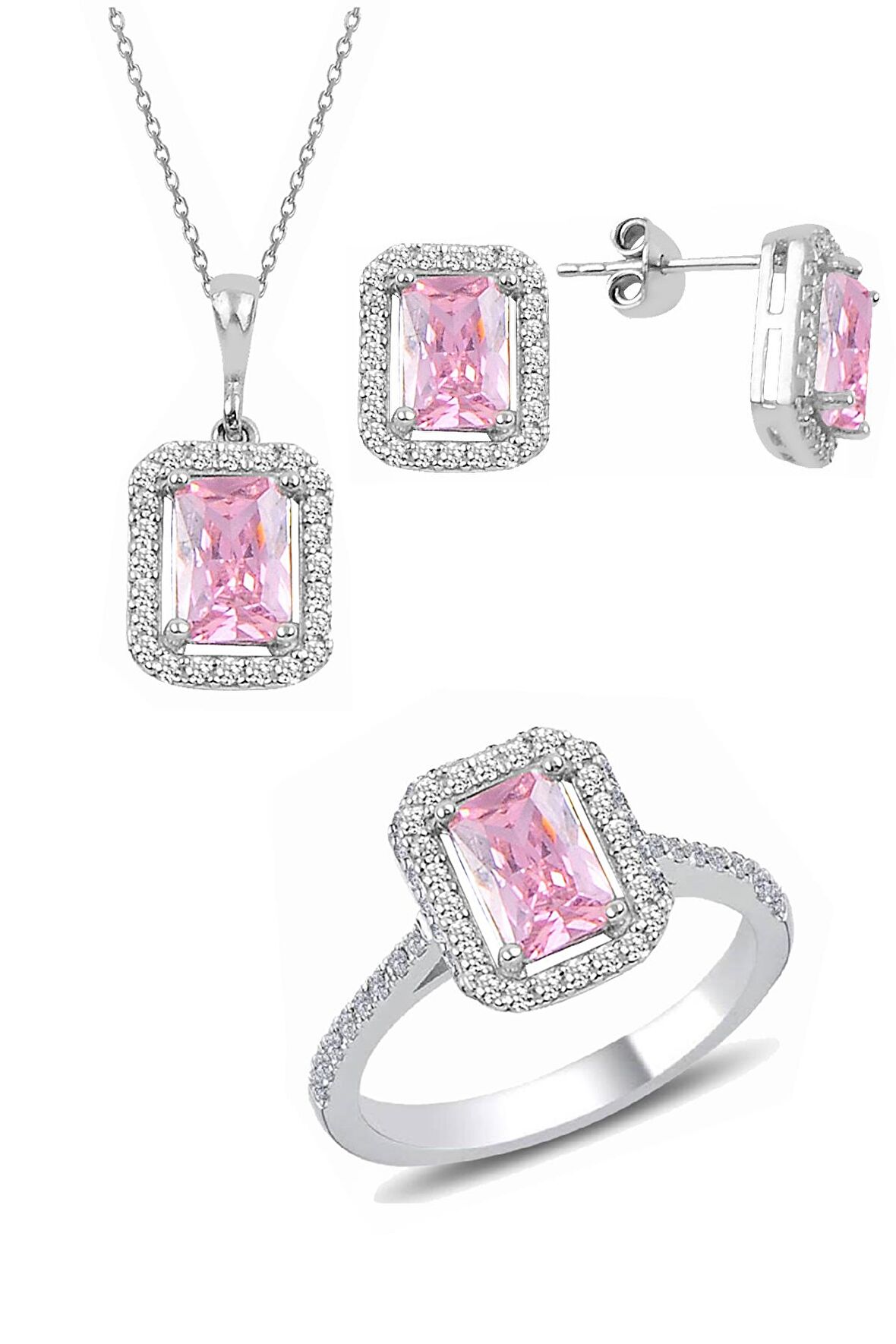 Gümüş rodyumlu pembe baget taşlı üçlü set