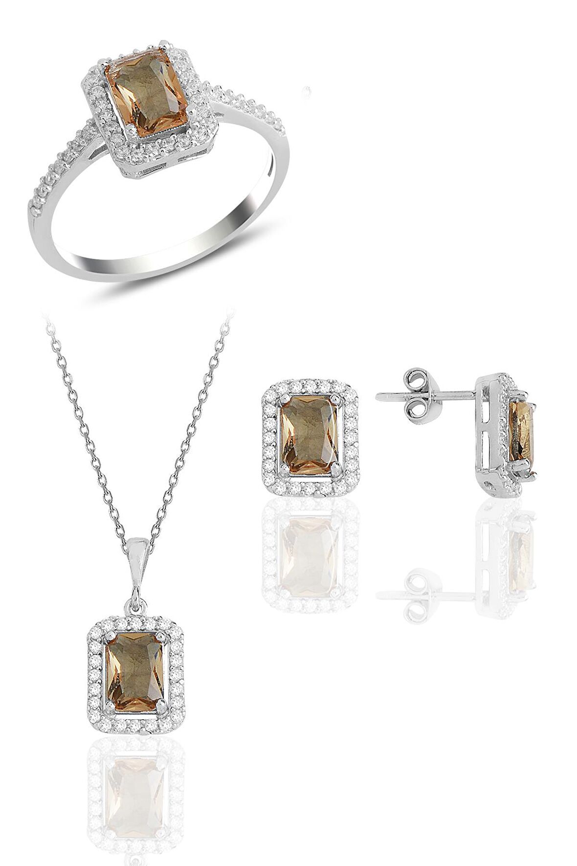 Gümüş renk değiştiren zultanit taşlı baget kesim üçlü set