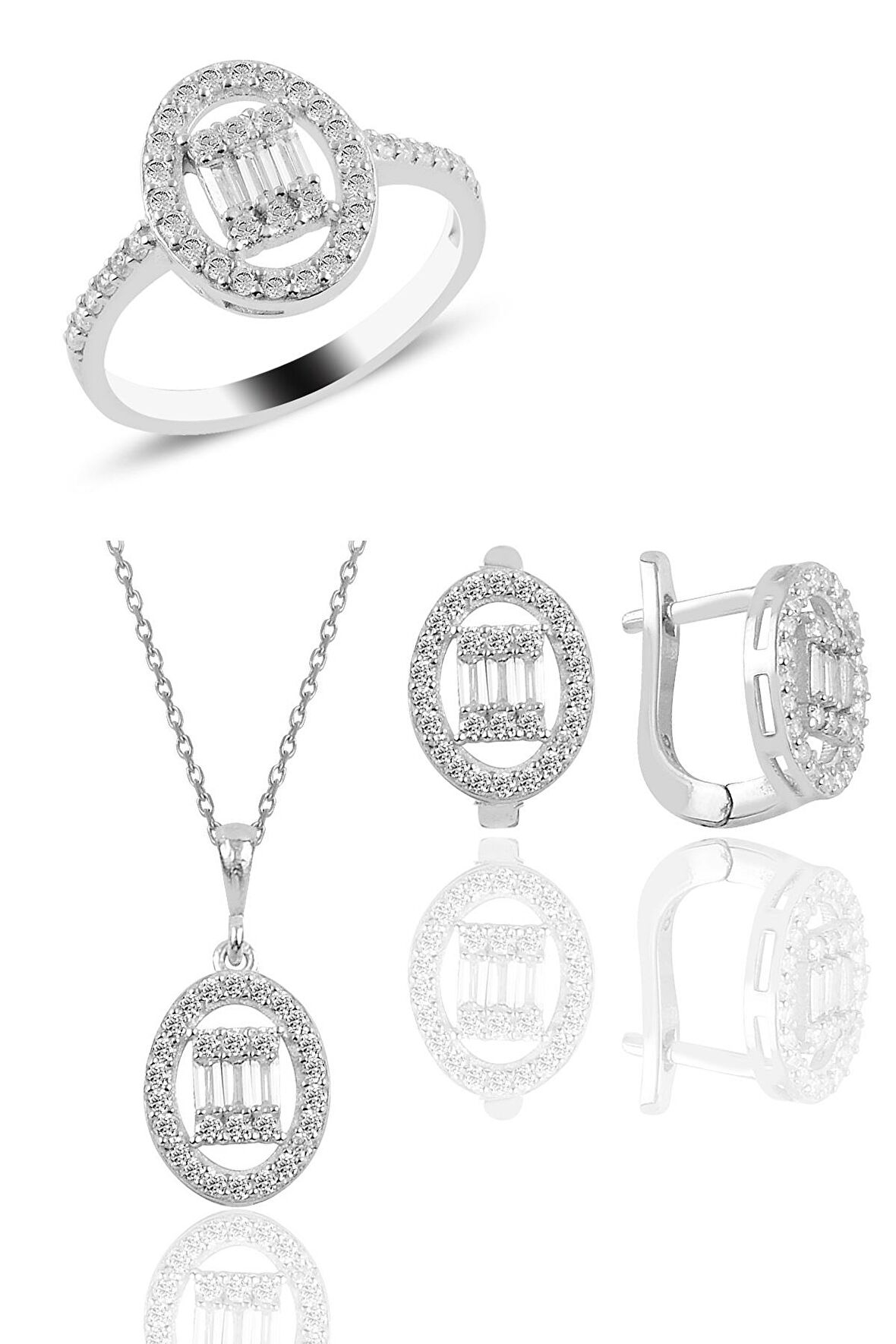 Gümüş rodyumlu oval gümüş düz baget taşlı üçlü set