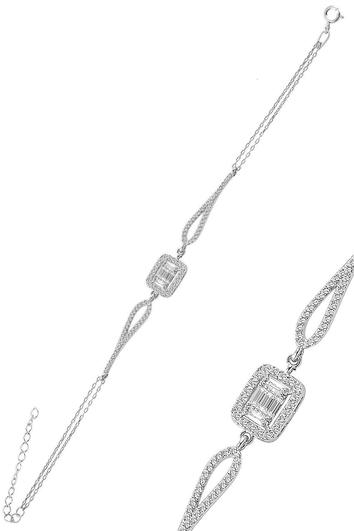 Gümüş rodyumlu zirkon baget taşlı bileklik.