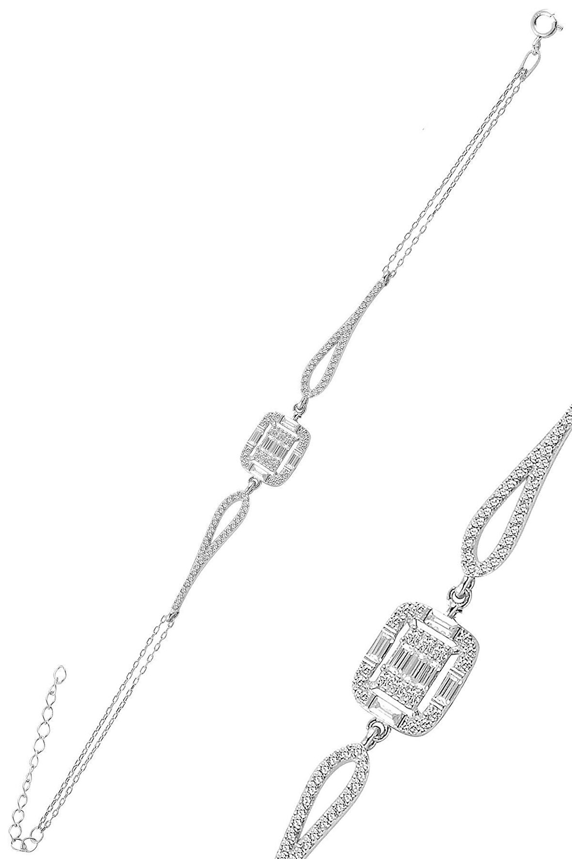 Gümüş rodyumlu zirkon baget taşlı bileklik.