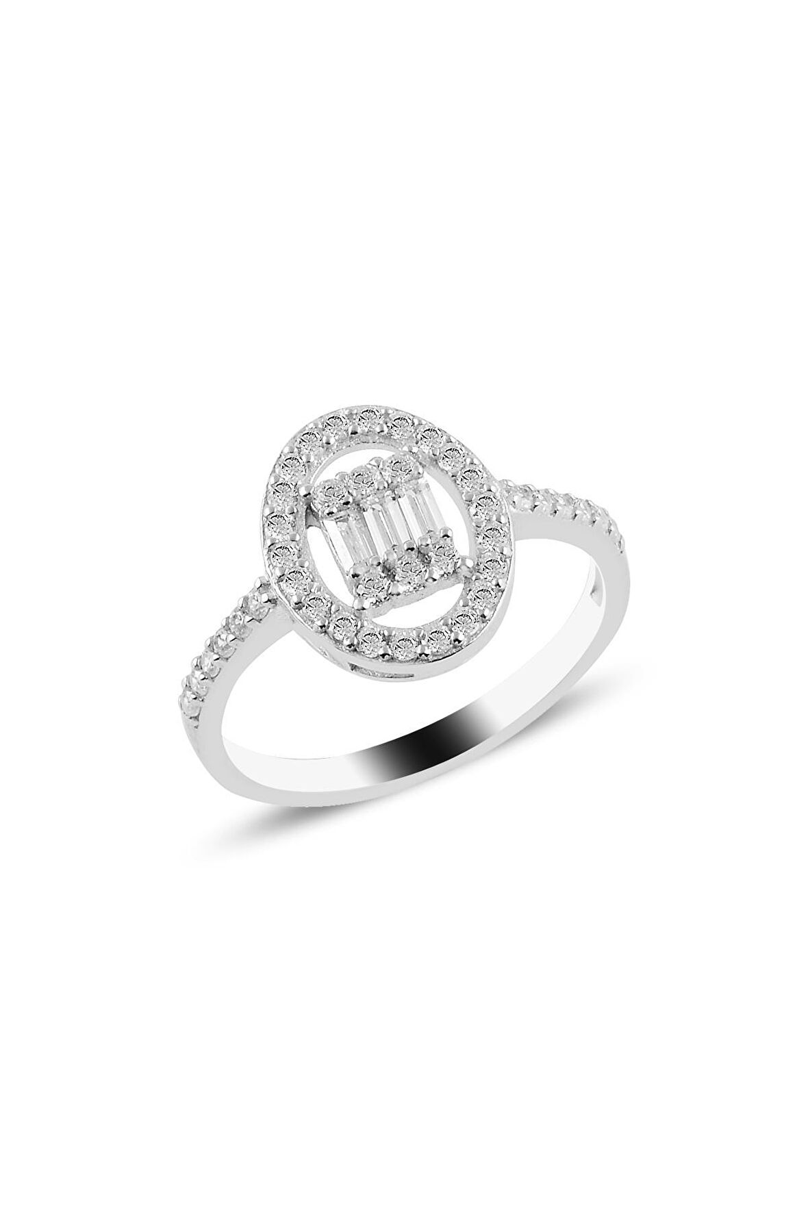 Gümüş rodyumlu oval gümüş düz baget taşlı yüzük