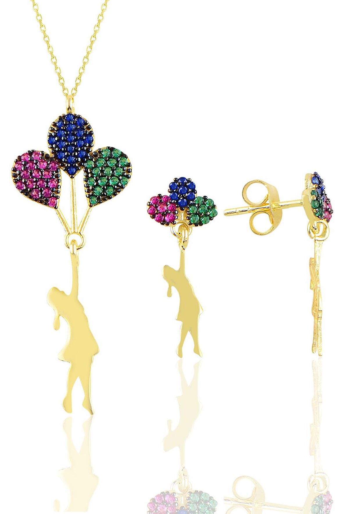 Gümüş altın yaldızlı balonlu kız kolye ve küpe seti