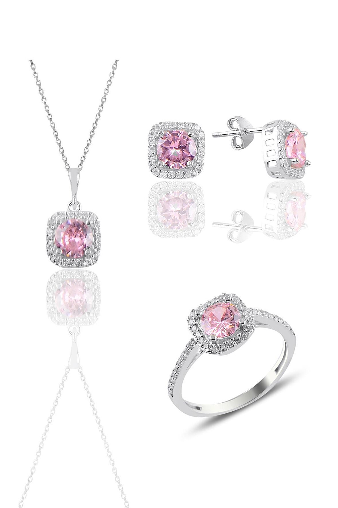 Gümüş rodyumlu pembe taşlı kare üçlü set