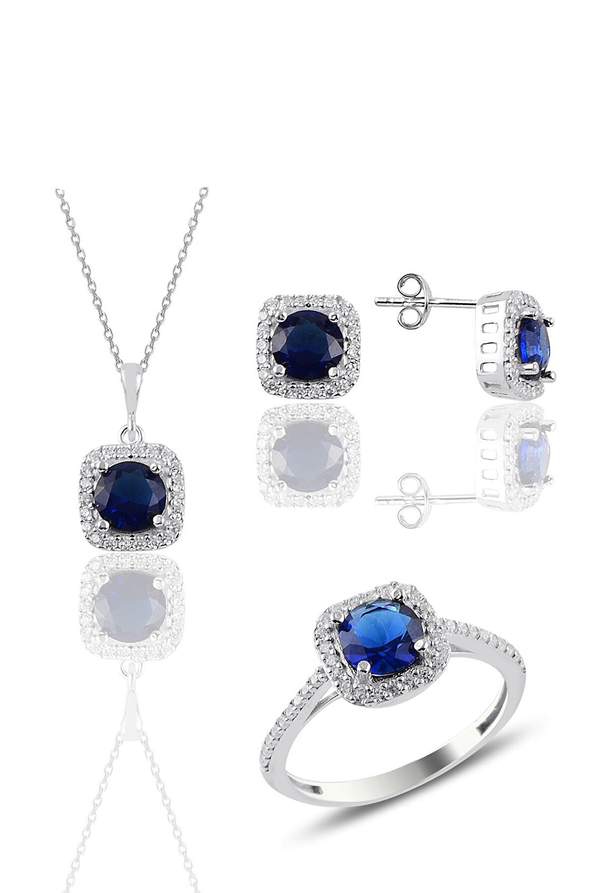 Gümüş rodyumlu safir taşlı kare üçlü set