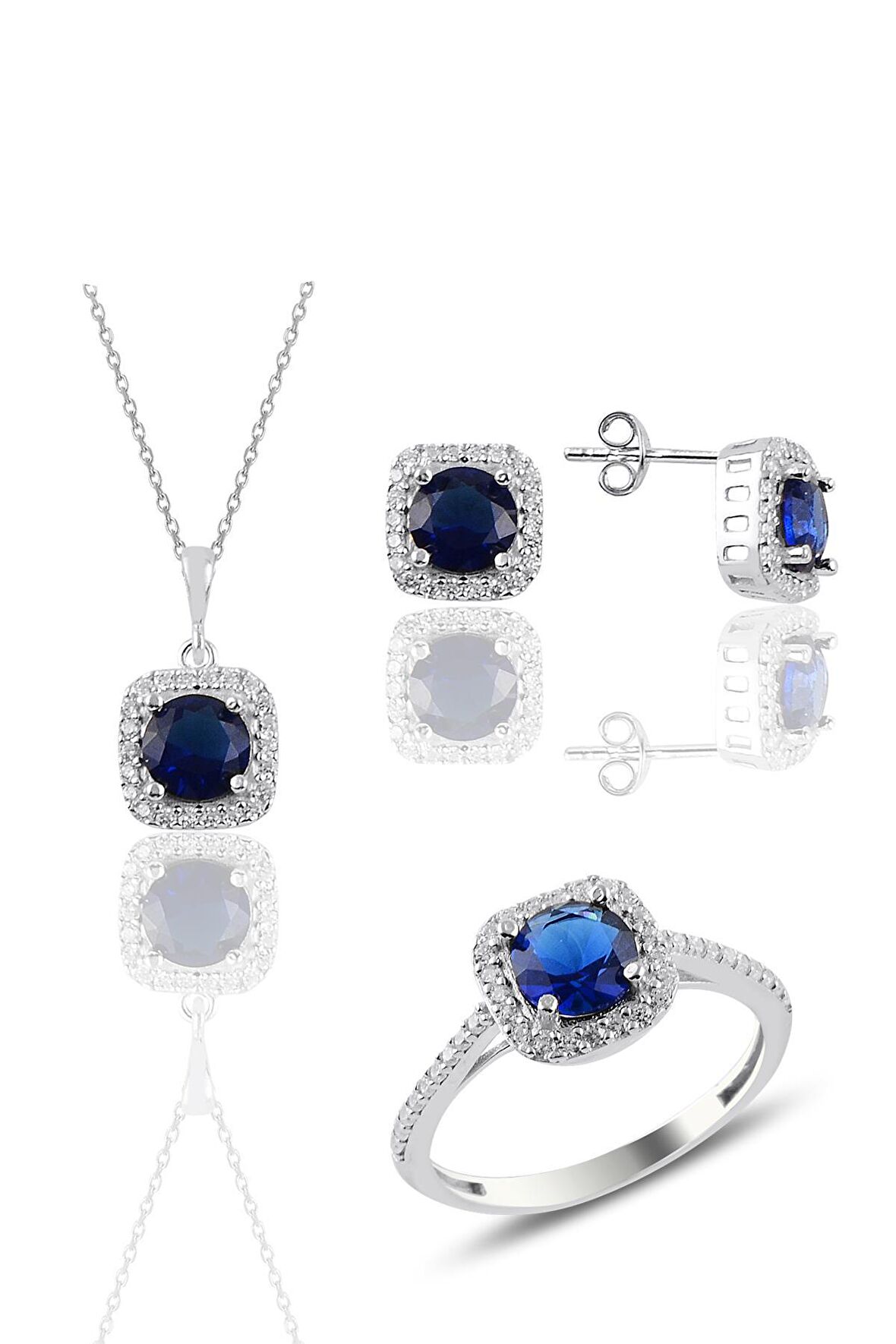 Gümüş rodyumlu safir taşlı kare üçlü set