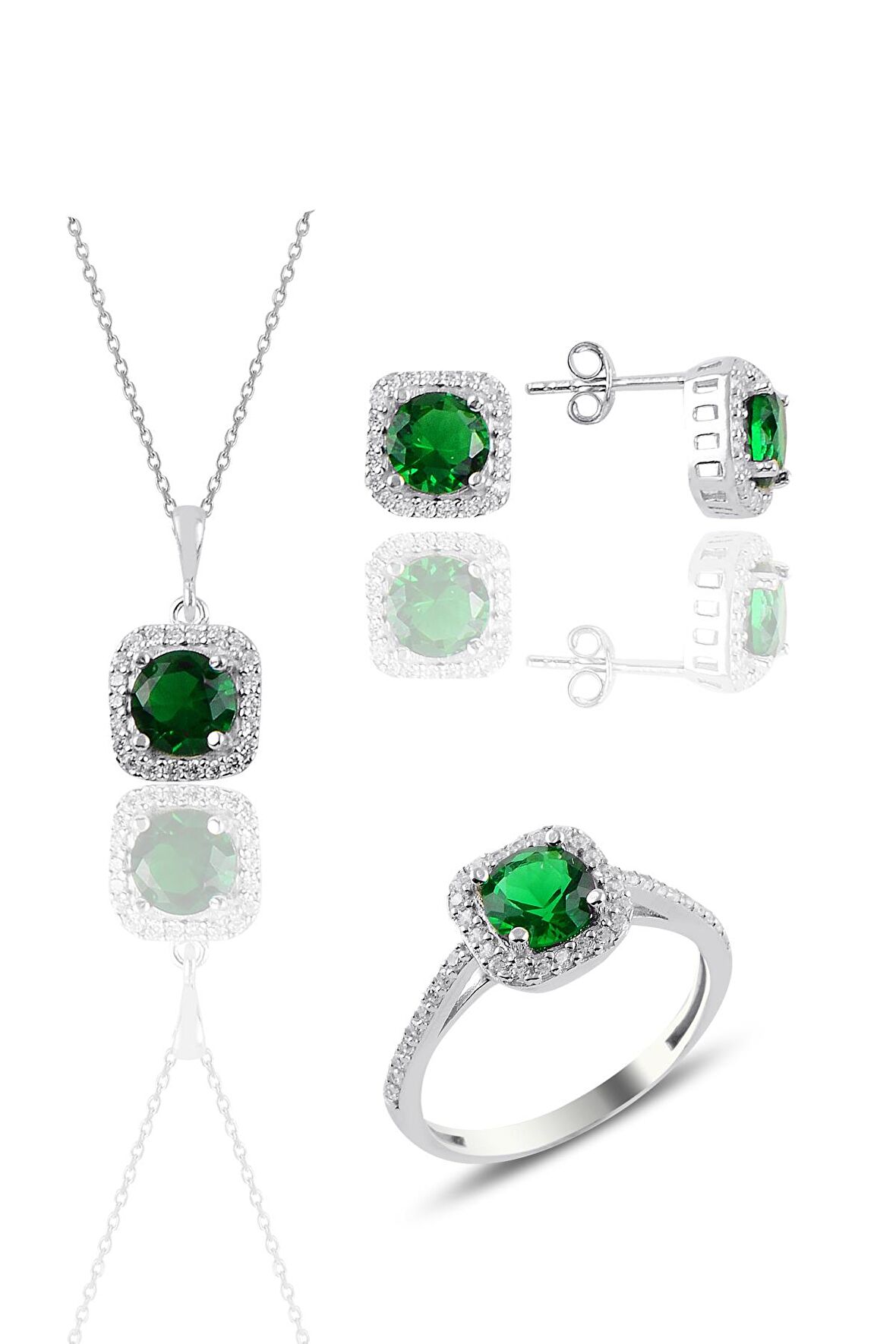 Gümüş rodyumlu kök zümrüt taşlı kare üçlü set