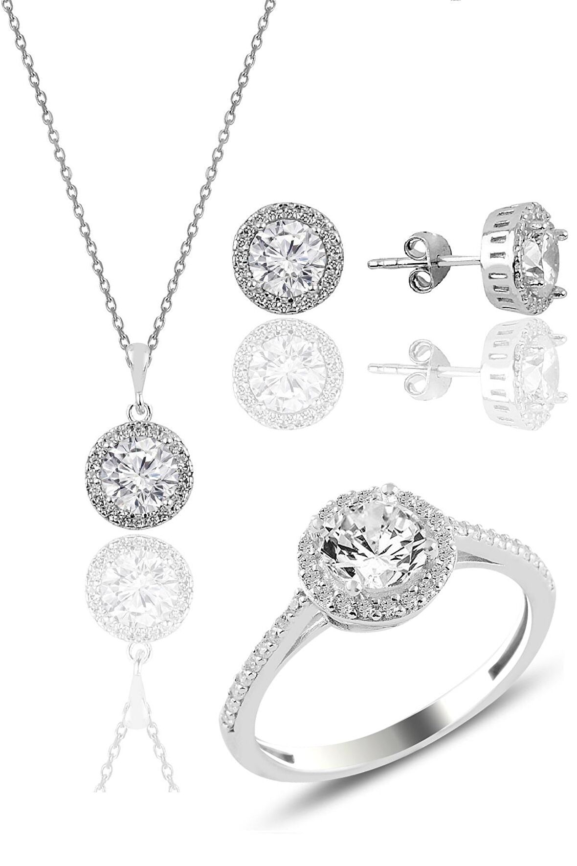 Gümüş rodyumlu zirkon taşlı yuvarlak üçlü set