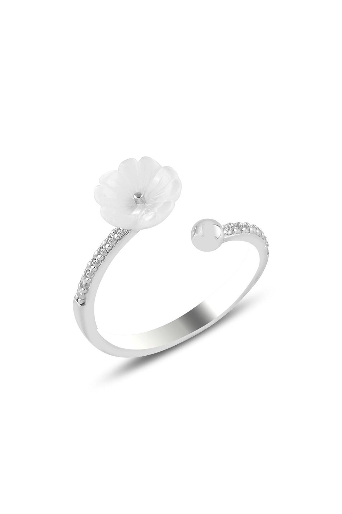 Gümüş rodyumlu  sedef taşlı manolya çiçeği yüzük.