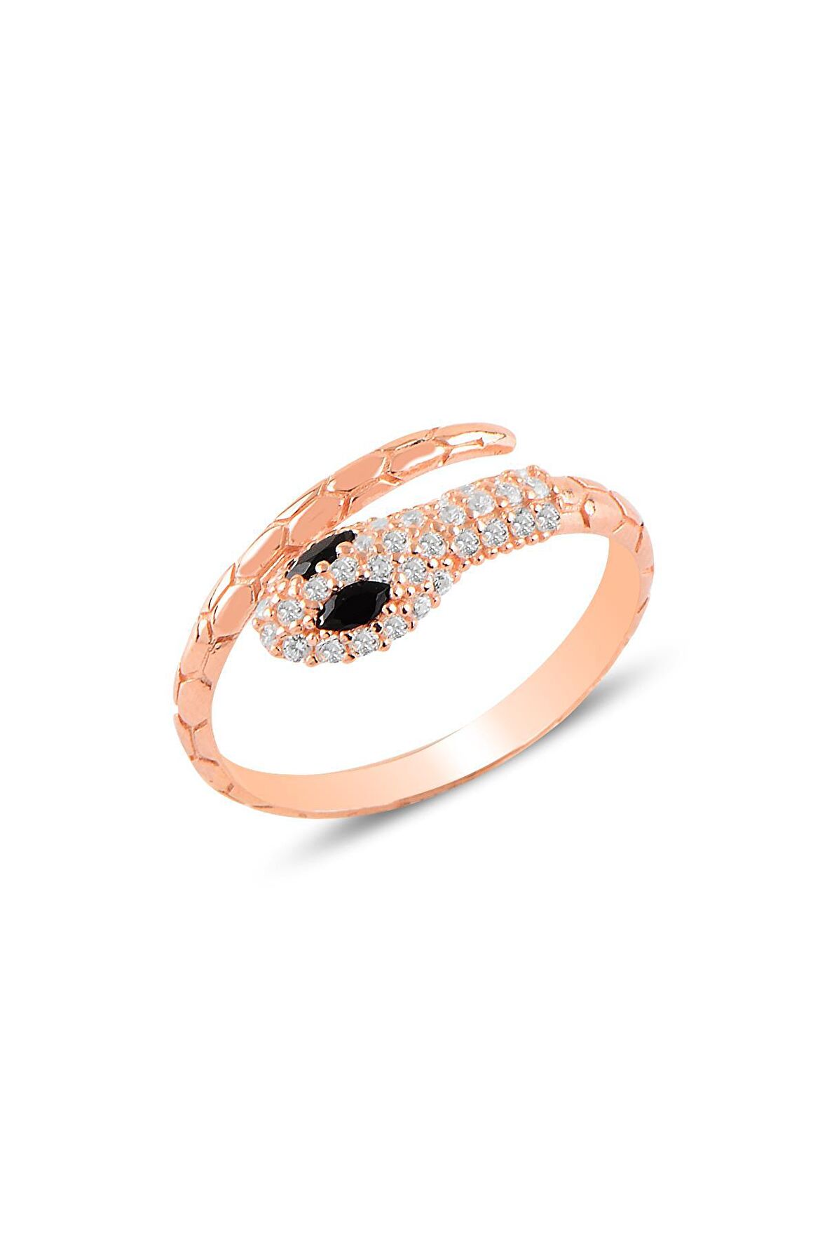 Gümüş rose onix ve zirkon taşlı ayarlanabilir yılan yüzük