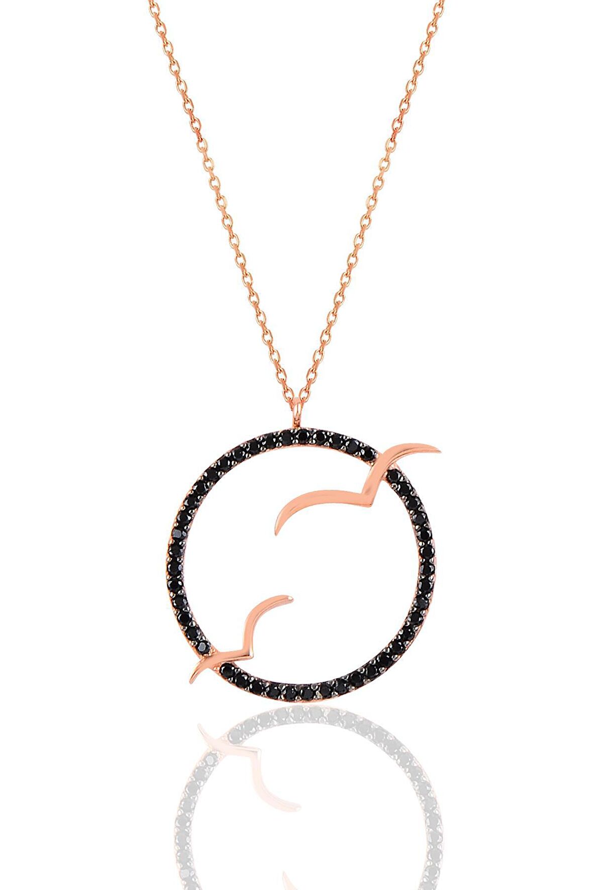 Gümüş rose siyah taşlı ikili martı kolye