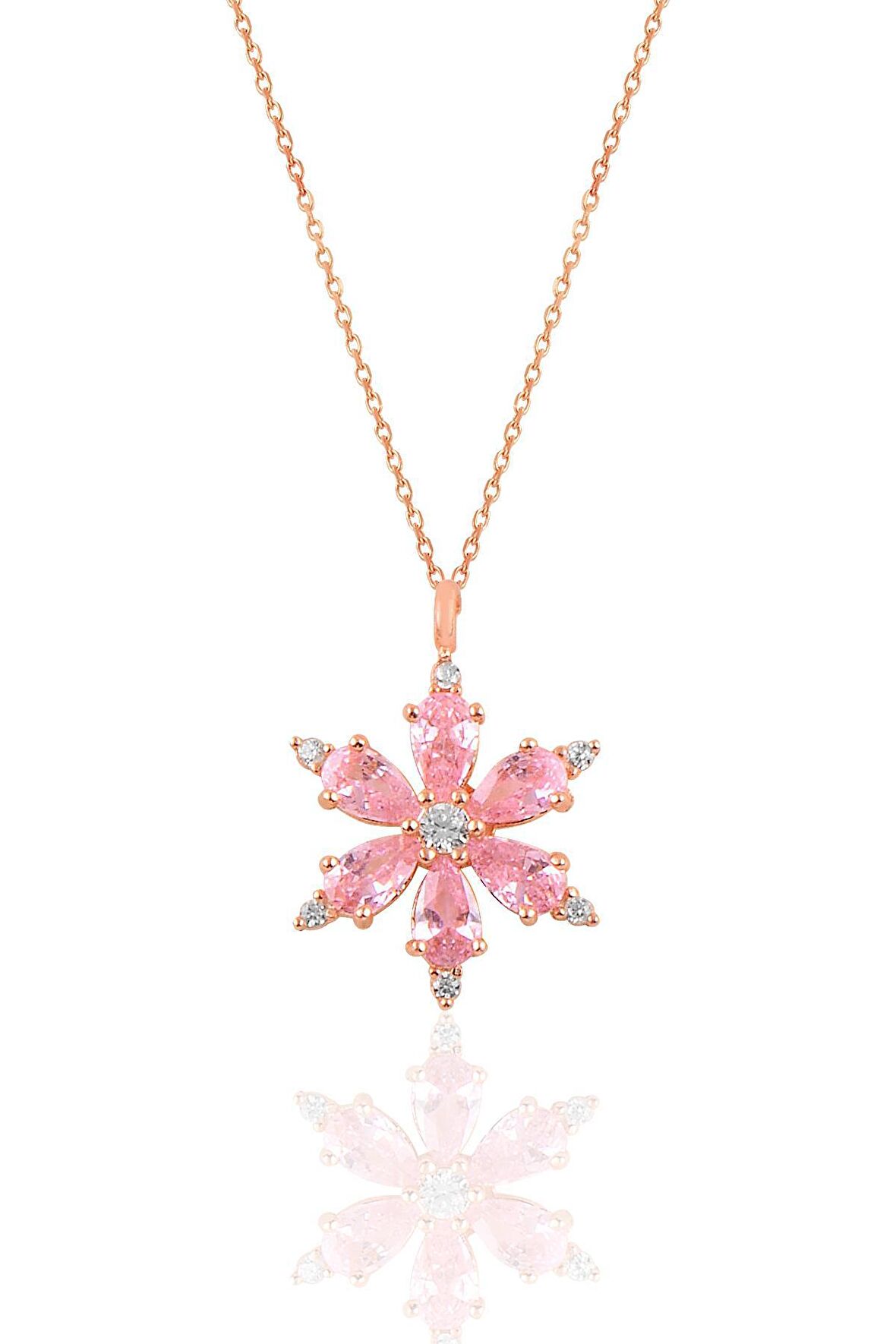 Gümüş rose pembe taşlı kar tanesi kolye