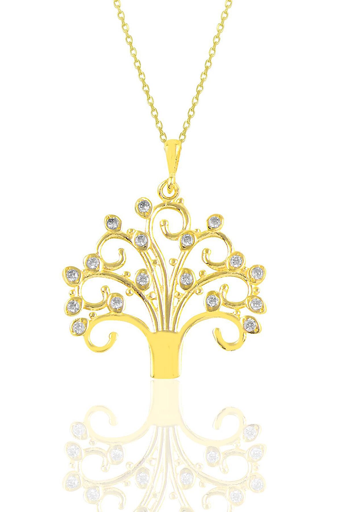 Gümüş altın yaldızlı zirkon taşlı dilek ağacı kolye 