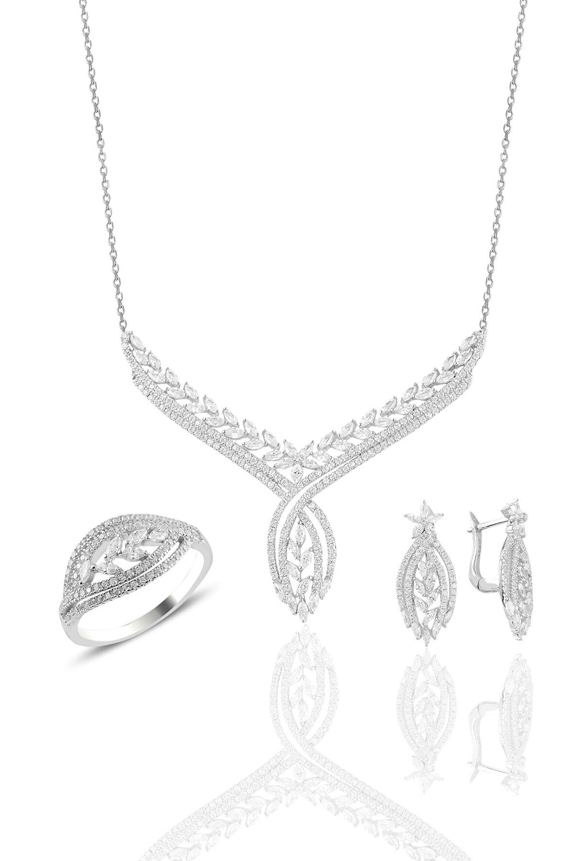 Gümüş rodyumlu  pırlanta modeli beyaz altın görünümlü kolye küpe ve yüzük seti