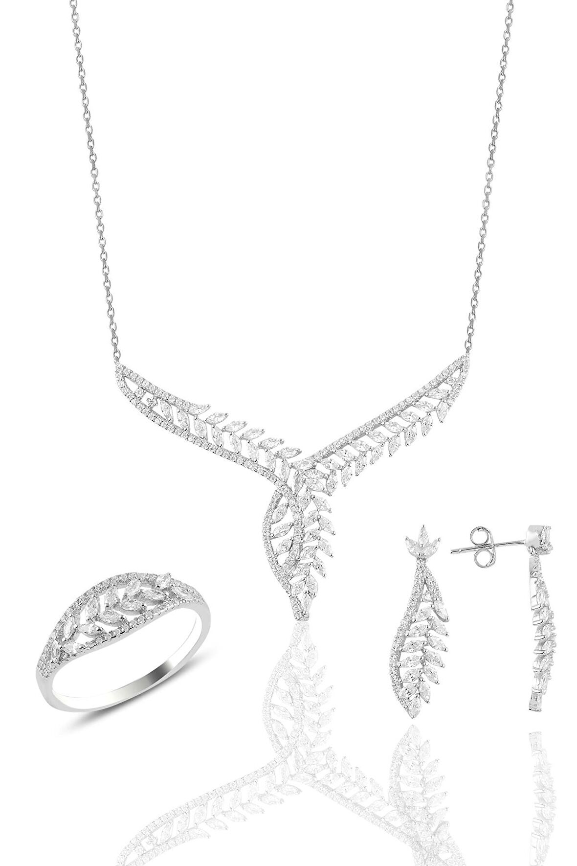 Gümüş rodyumlu  pırlanta modeli beyaz altın görünümlü kolye küpe ve yüzük seti