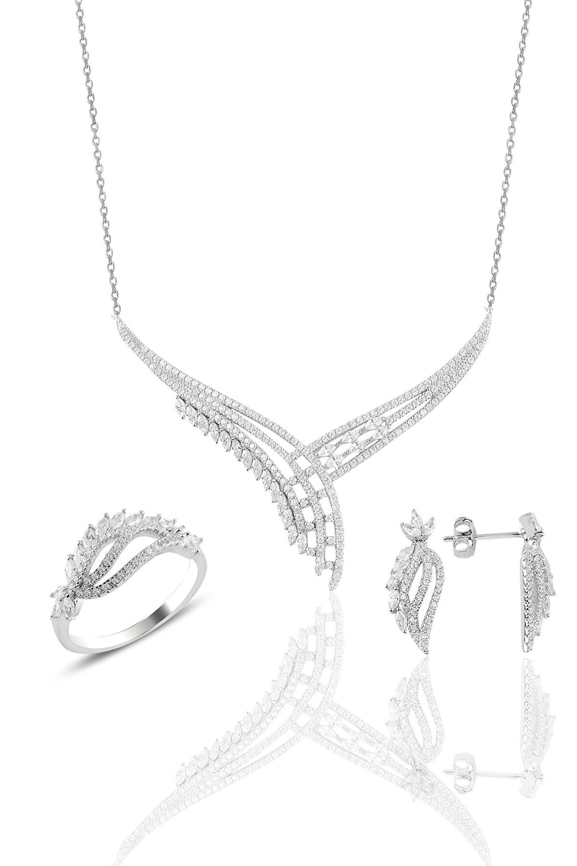 Gümüş rodyumlu  pırlanta modeli beyaz altın görünümlü kolye küpe ve yüzük seti