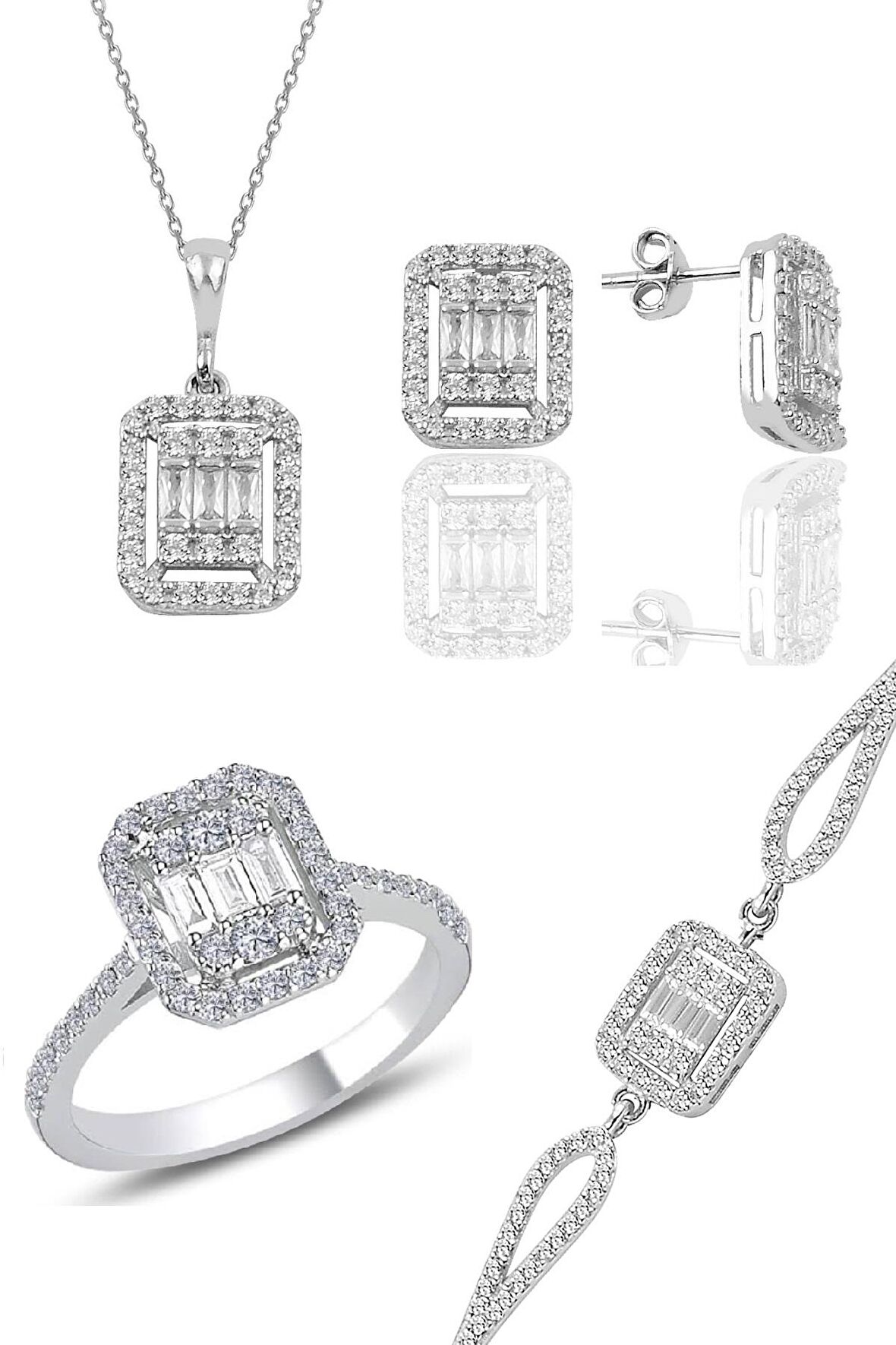 Gümüş rodyumlu baget taşlı dörtlü set