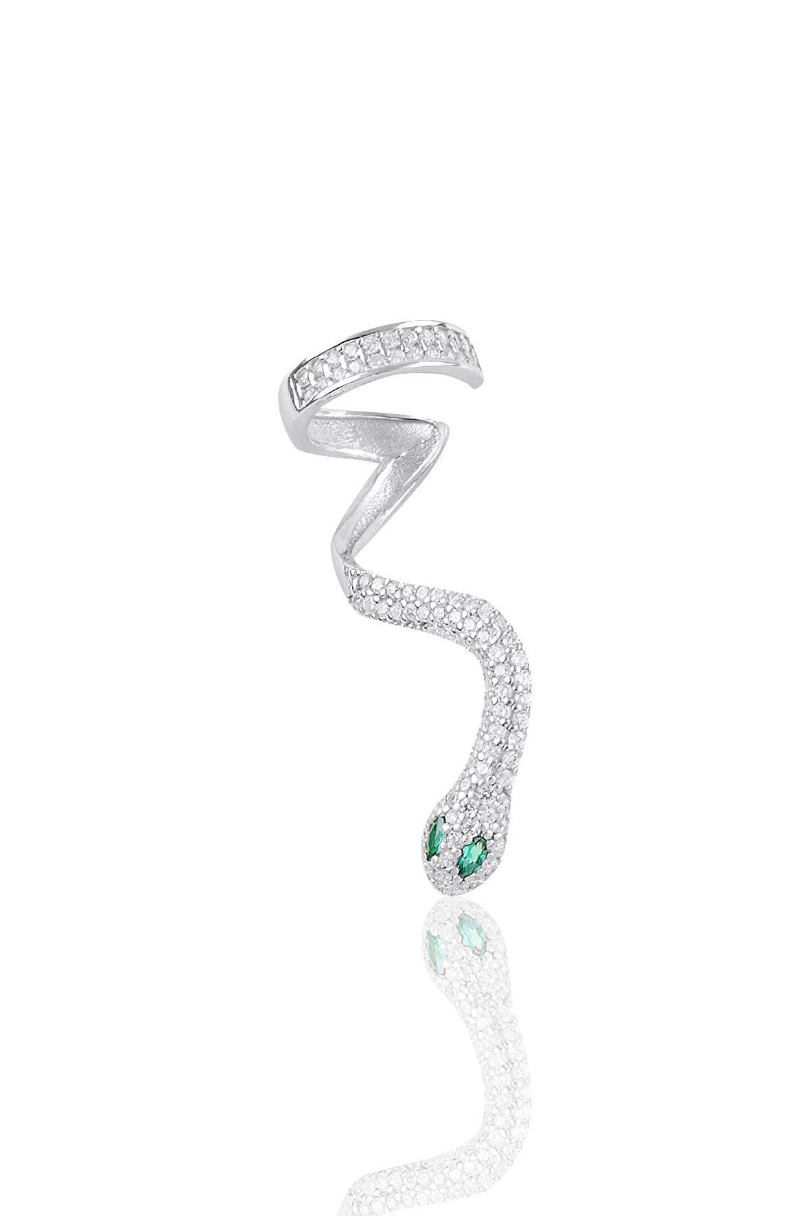 Gümüş rodyumlu kök zümrüt ve zirkon taşlı kıkırdak yılan küpe