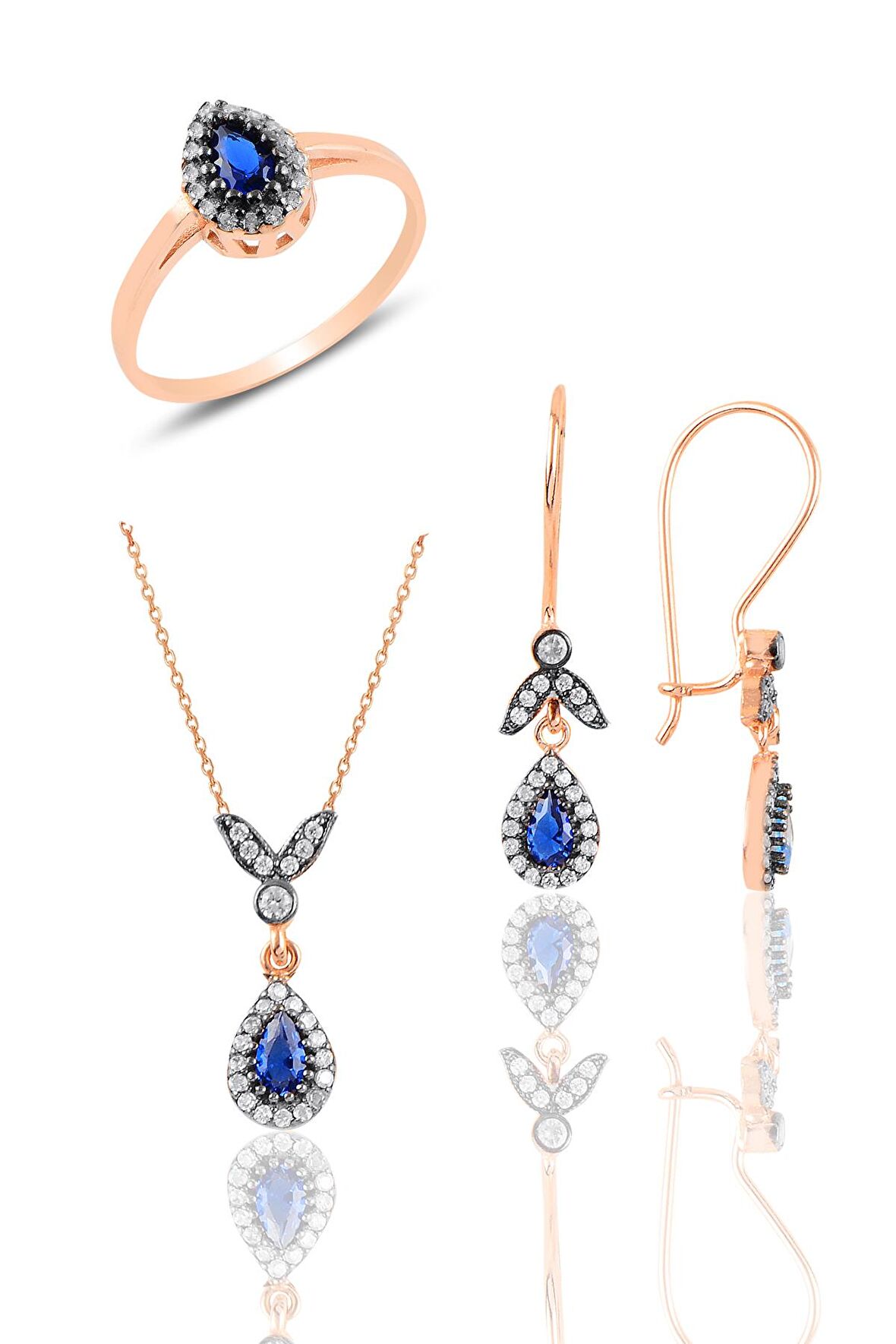 Gümüş rose safir taşlı damla üçlü set