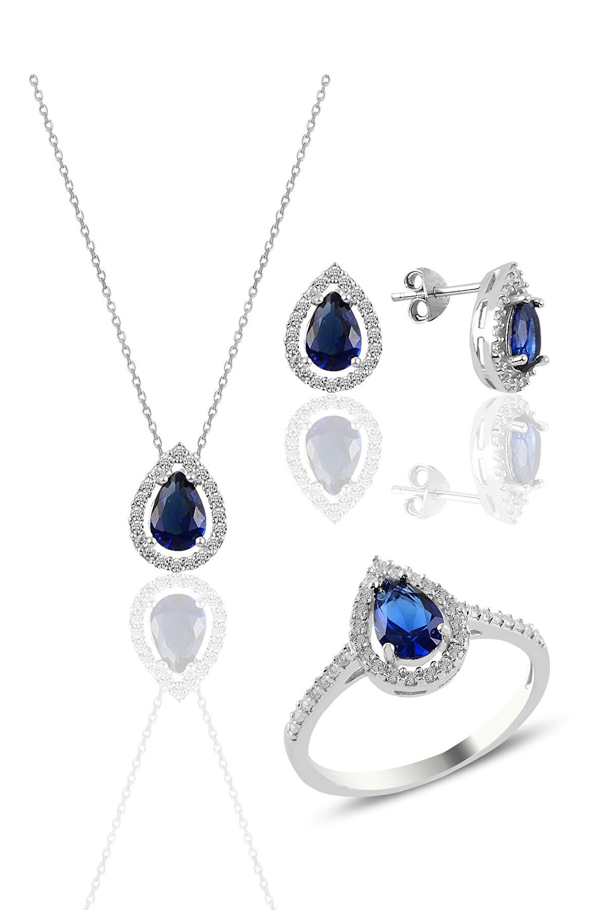 Gümüş rodyumlu safir taşlı damla modeli üçlü set
