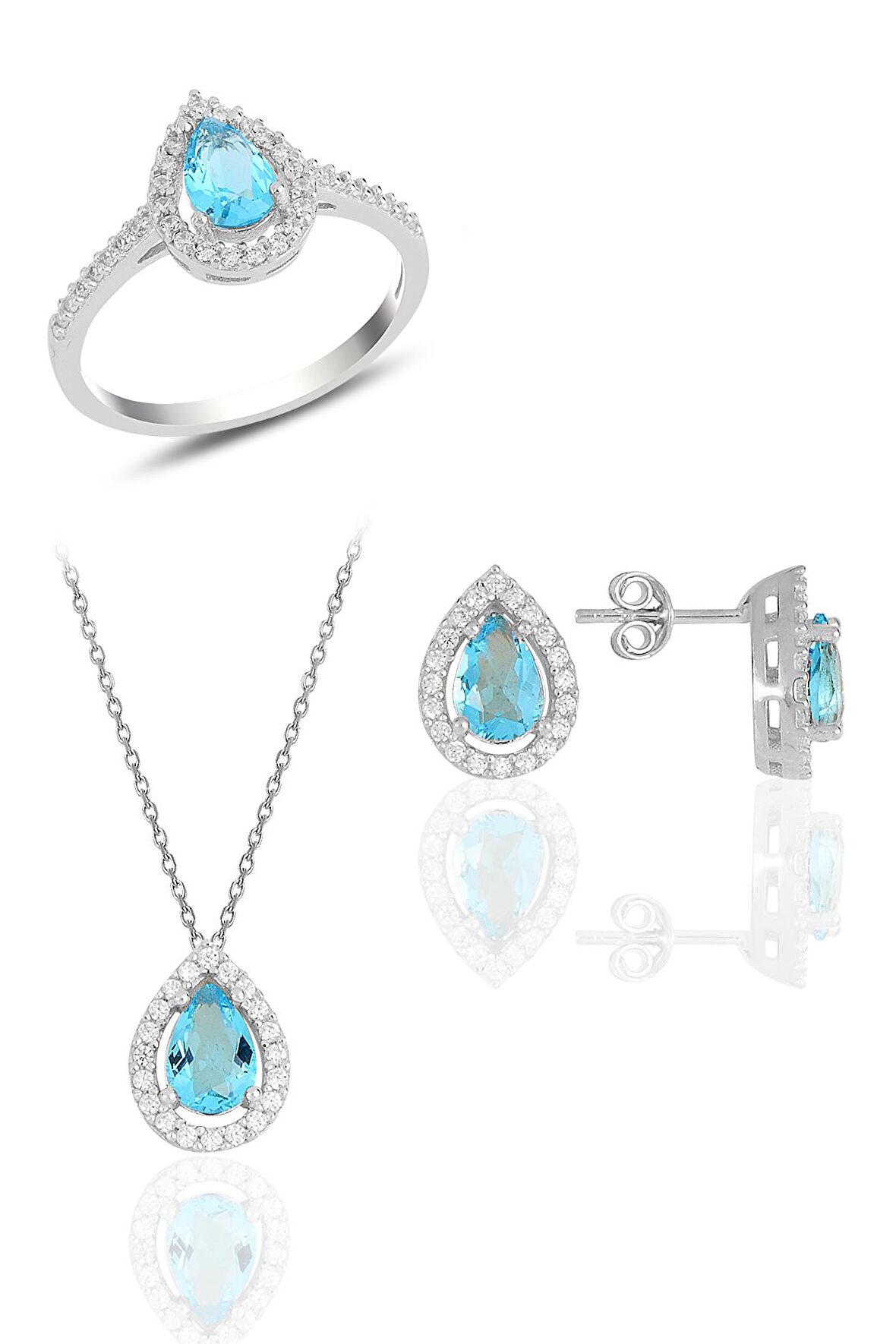 Gümüş rodyumlu akuamarin taşlı damla modeli üçlü set