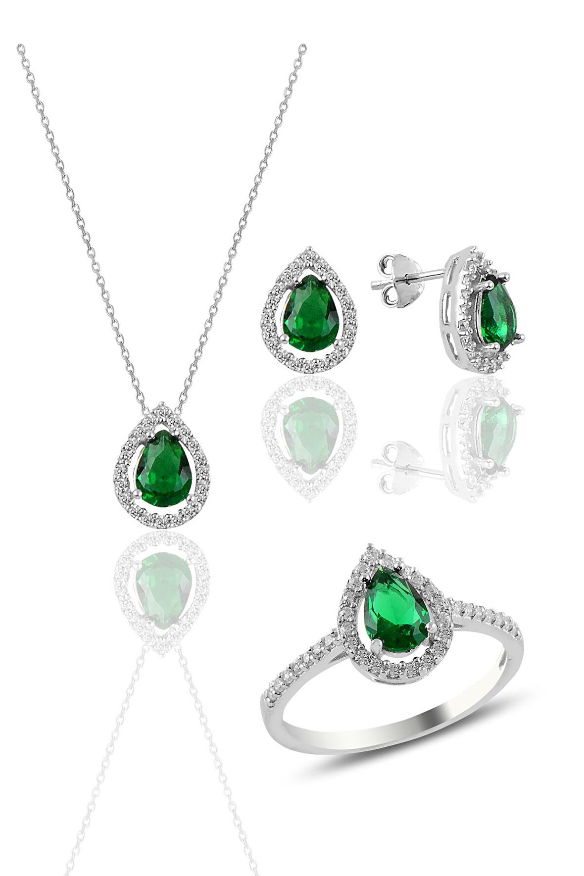 Gümüş rodyumlu kök zümrüt taşlı damla modeli üçlü set