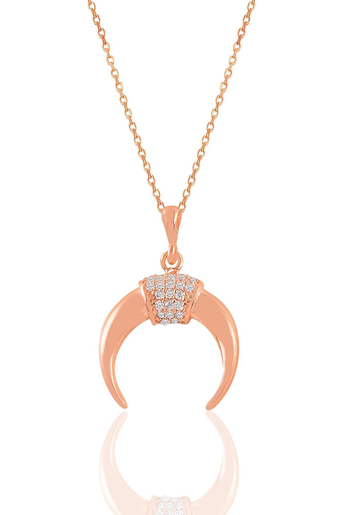 Gümüş rose zirkon taşlı ters hilal kolye 