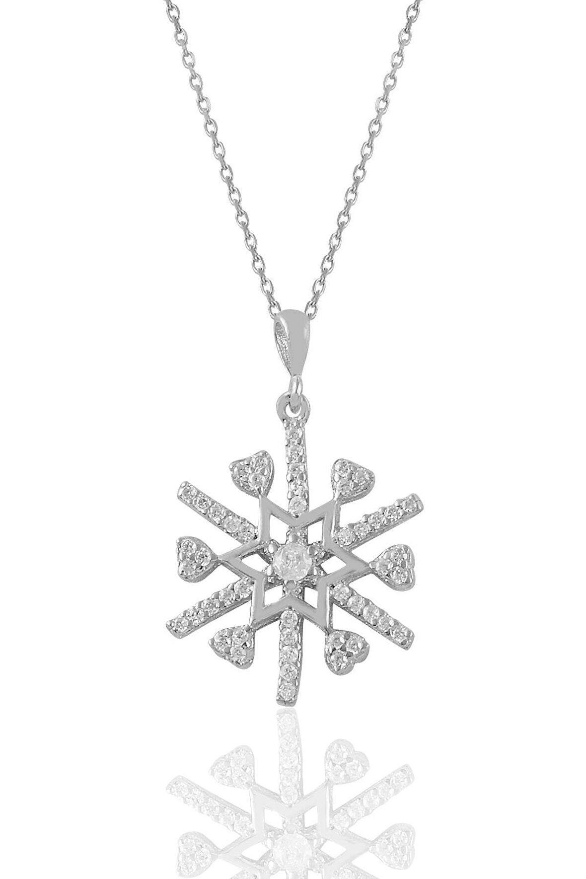Gümüş rodaj zirkon taşlı kalpli kar tanesi kolye