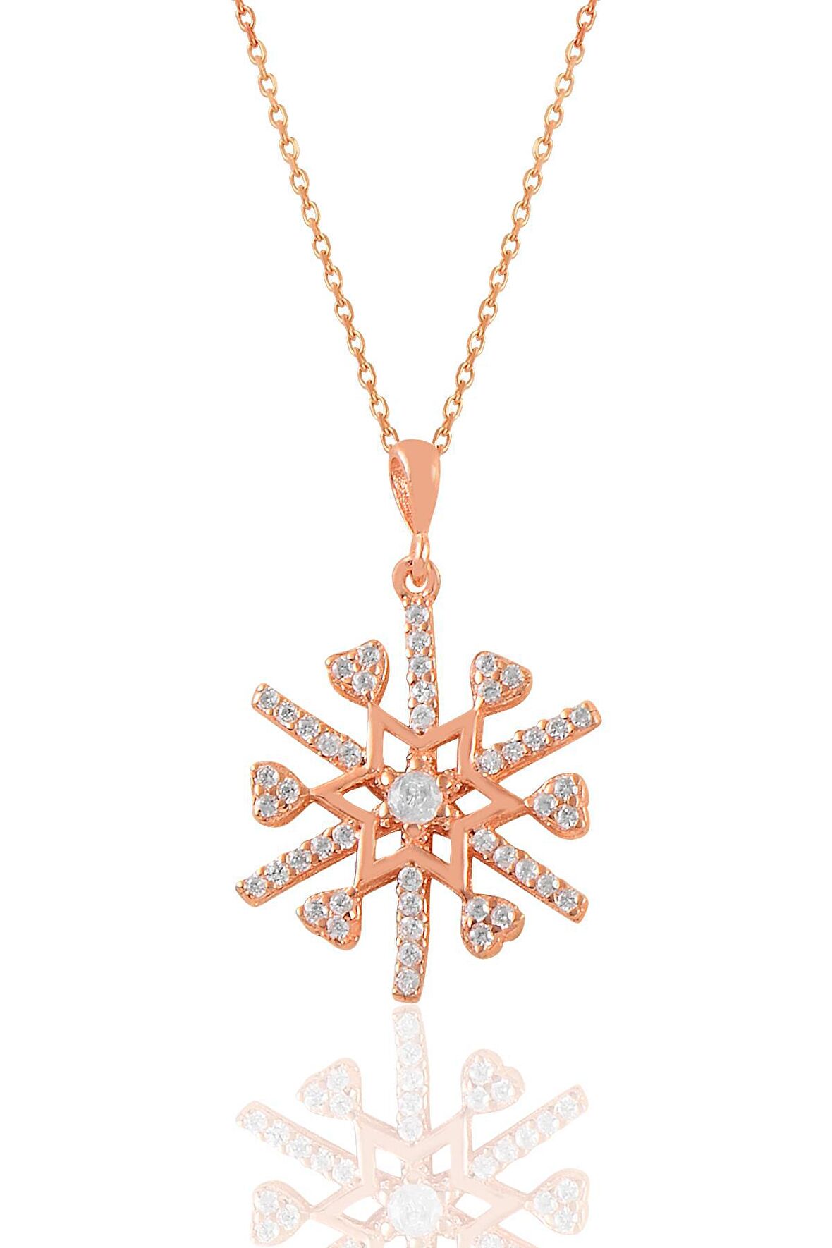 Gümüş rose zirkon taşlı kalpli kar tanesi kolye