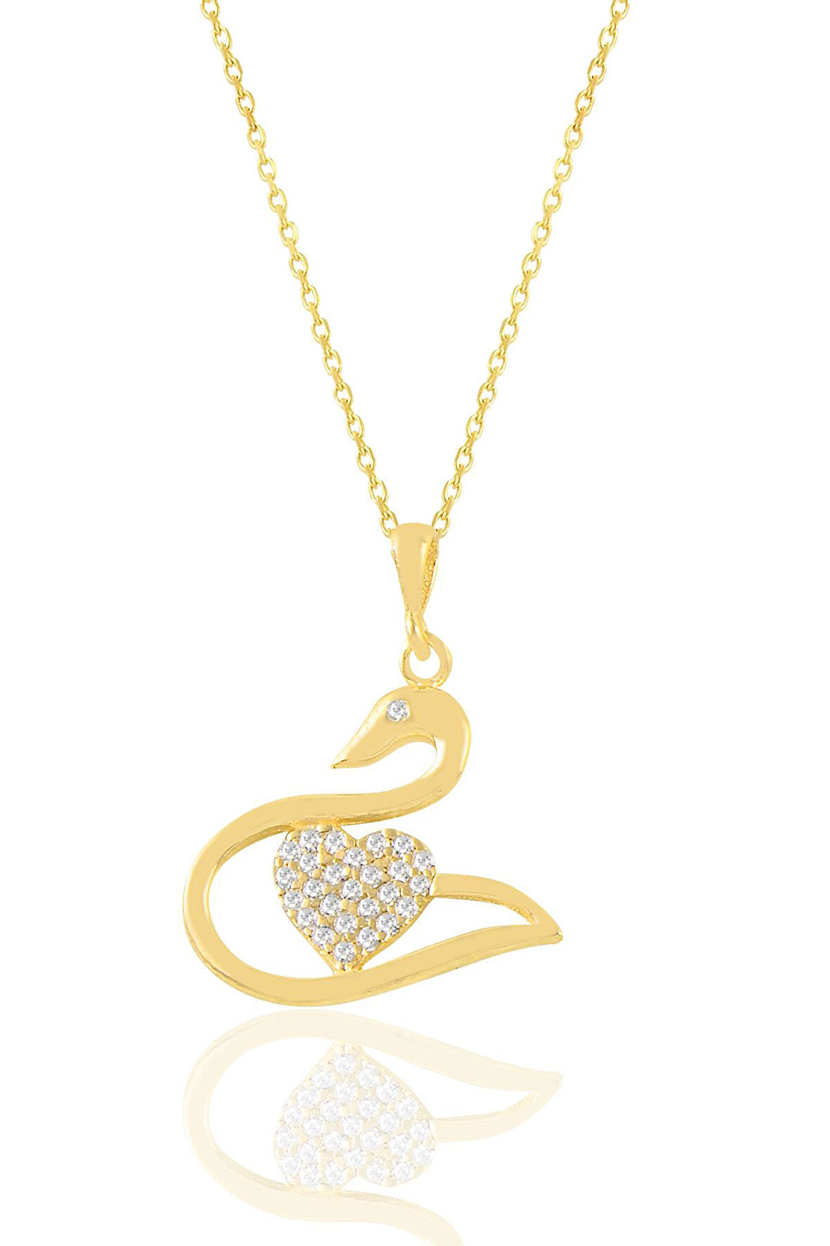 Gümüş altın yaldızlı zirkon taşlı kalpli kuğu kolye SGTL11027GOLD