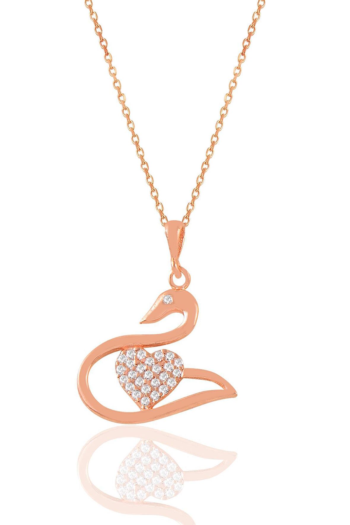 Gümüş rose zirkon taşlı kalpli kuğu kolye