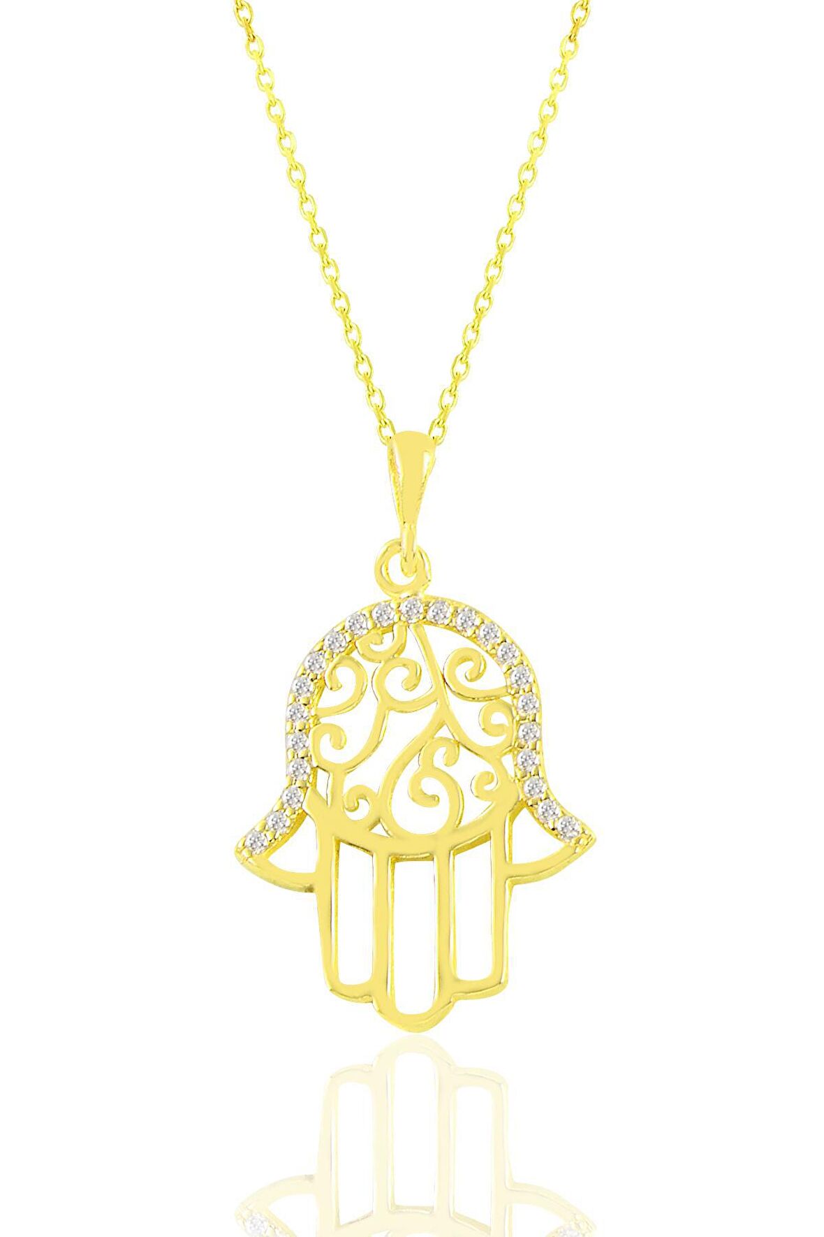 Gümüş altın yaldızlı zirkon taşlı işlemeli fatma ana eli kolye 