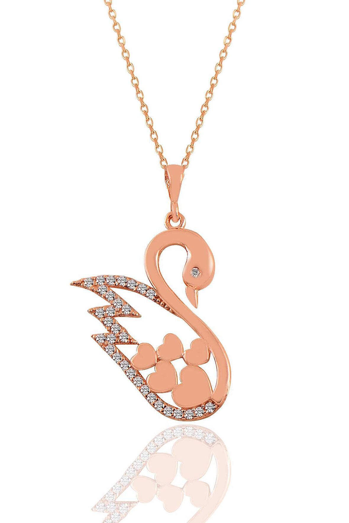 Gümüş rose zirkon taşlı kalpli kuğu kolye