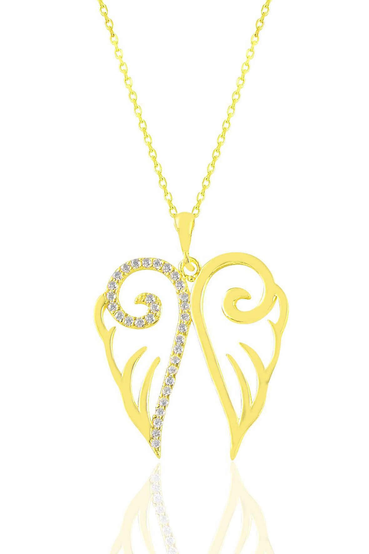 Gümüş altın yaldızlı zirkon taşlı işlemeli kanat kolye