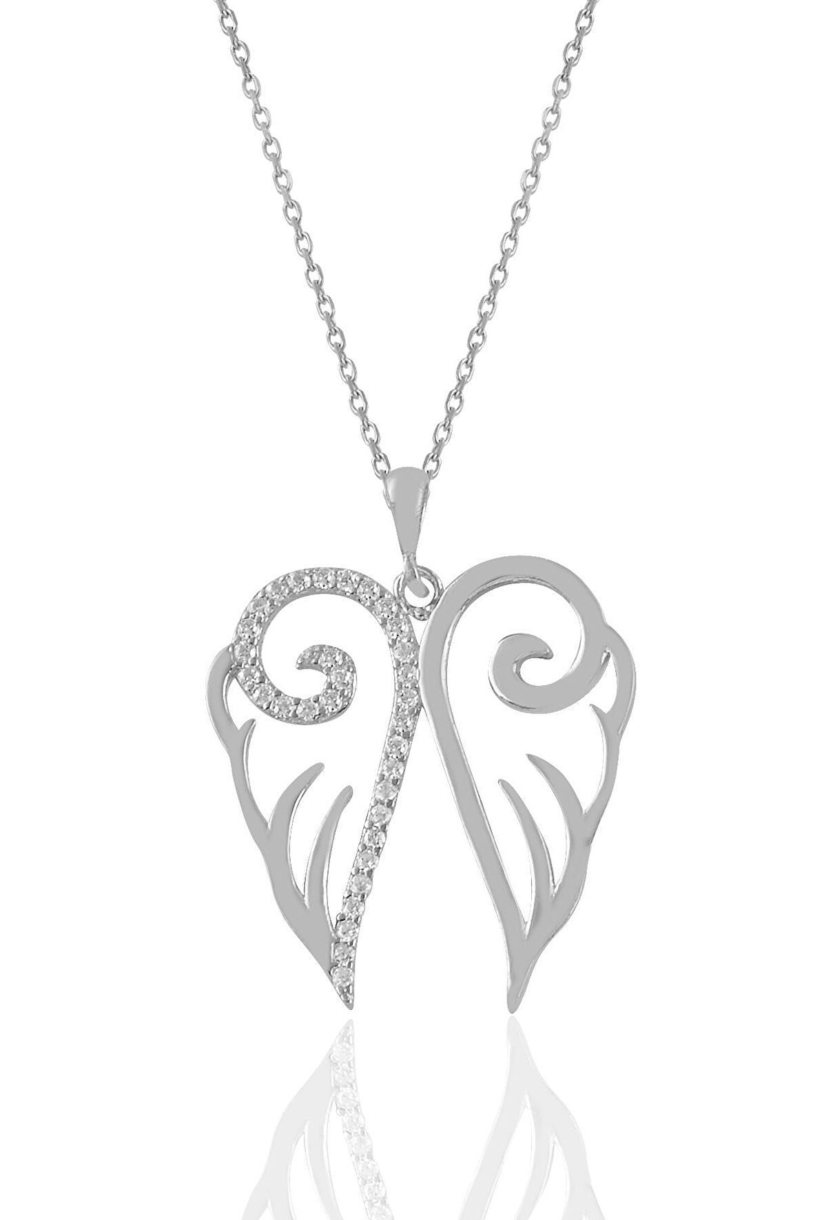 Gümüş rodyumlu zirkon taşlı işlemeli kanat kolye