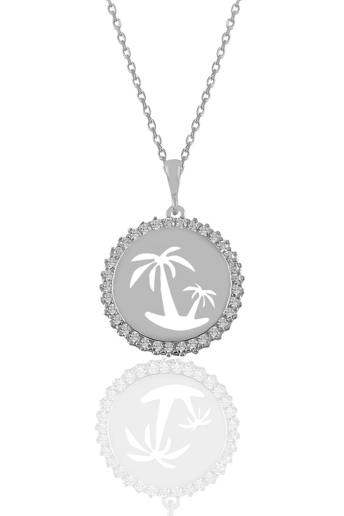 Gümüş rodyumlu zirkon taşlı adalı palmiye kolye