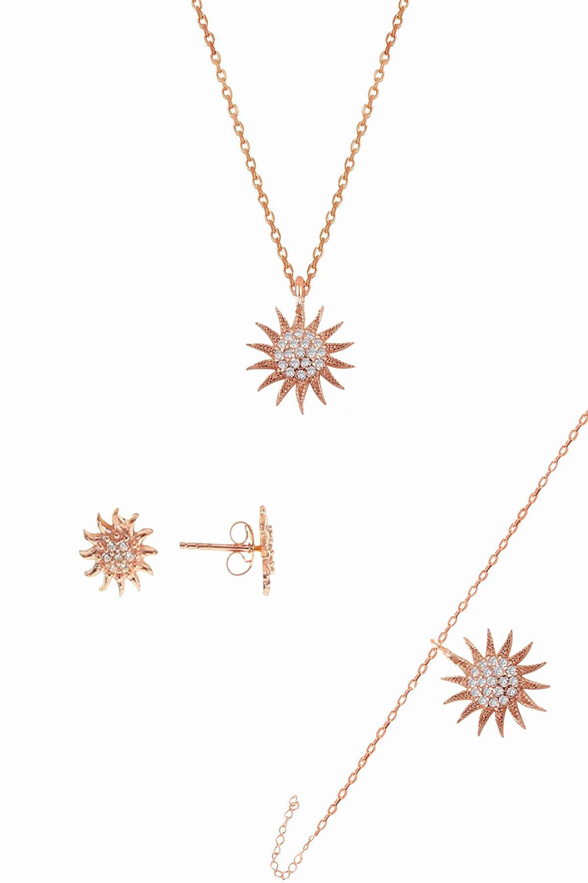 Gümüş rose zirkon taşlı güneş üçlü set