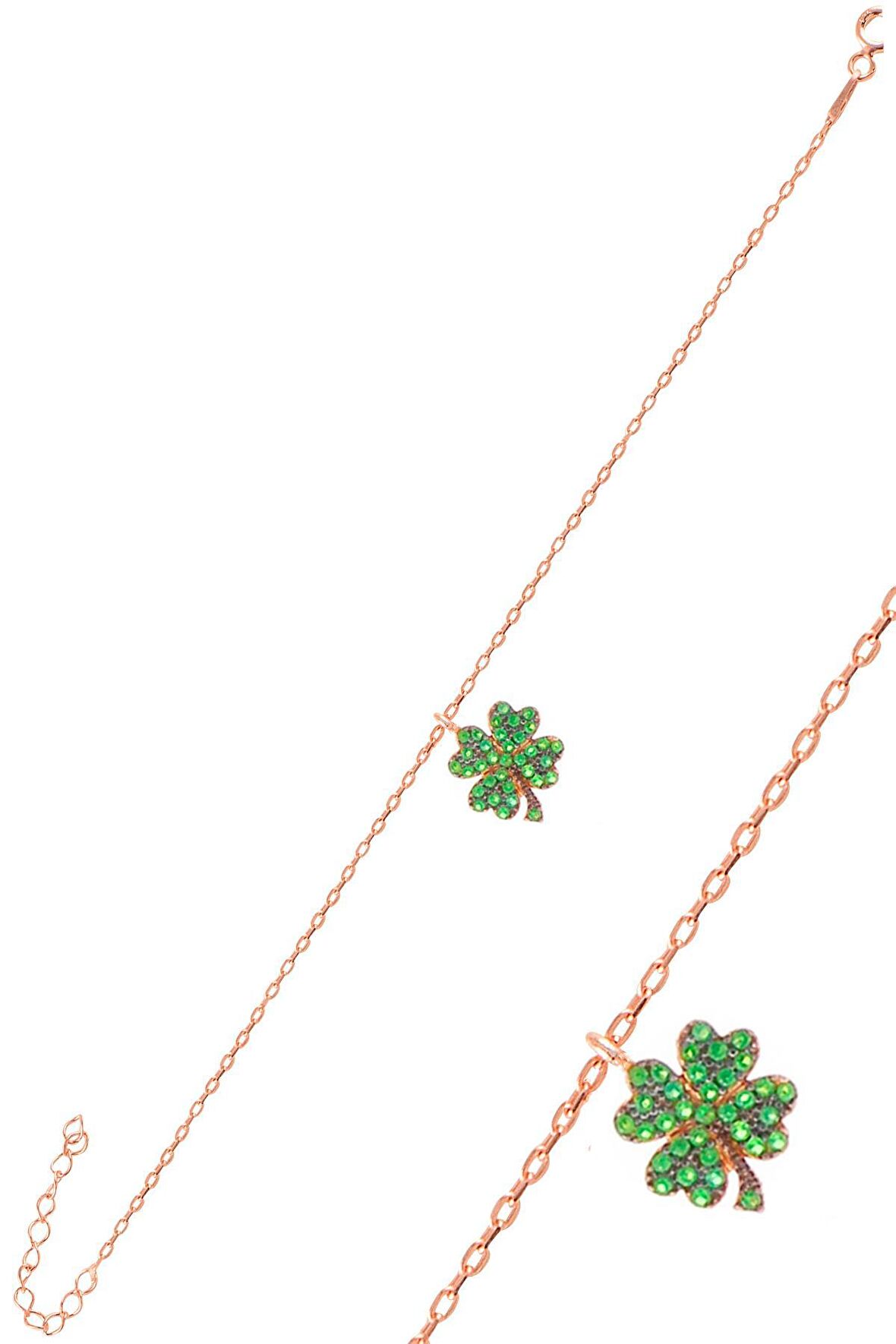 Gümüş rose yeşil taşlı yonca bileklik