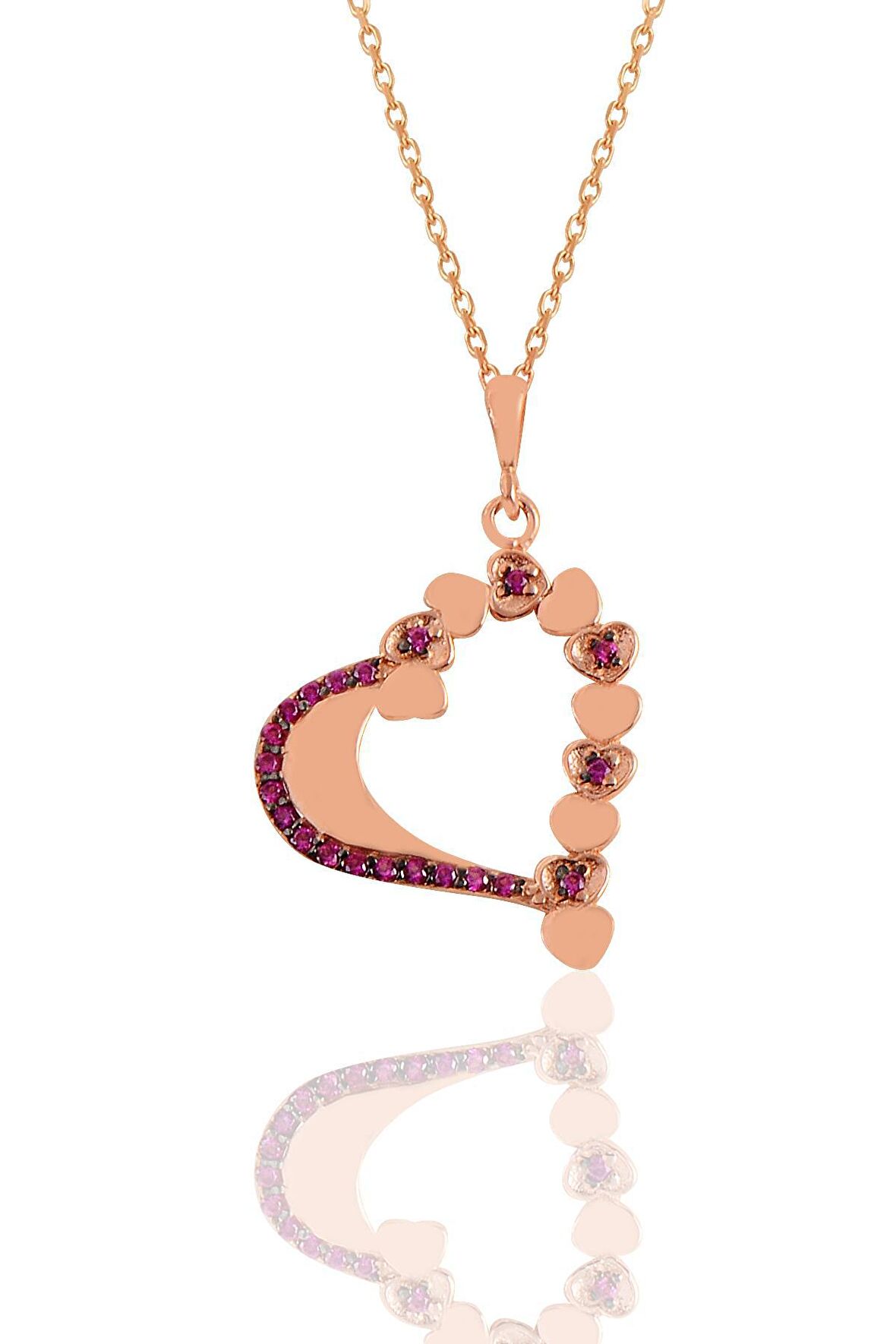 Gümüş rose fuşya taşlı kalpli aşk kolye