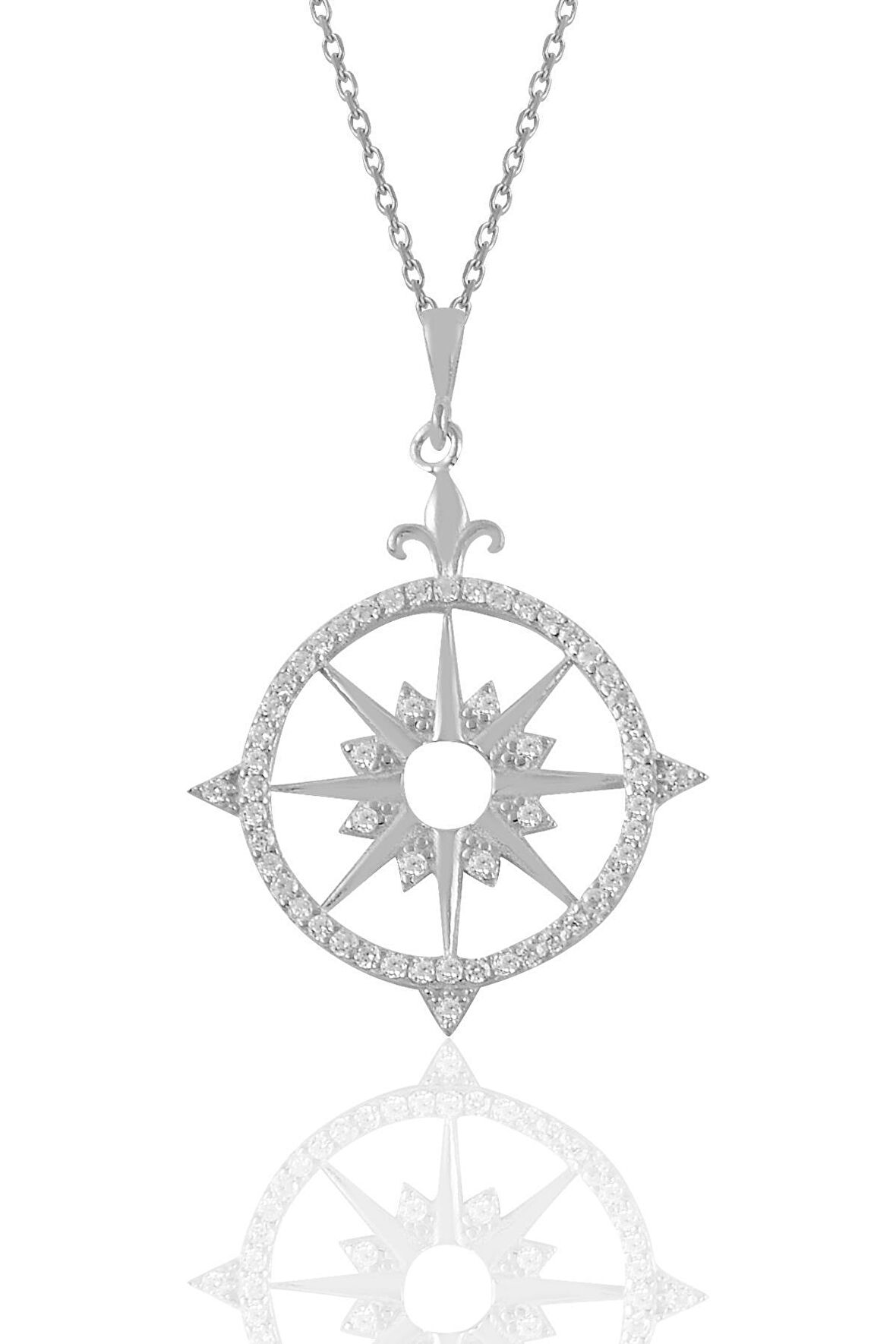 Gümüş rodyumlu zirkon taşlı kutup yıldızı pusula kolye