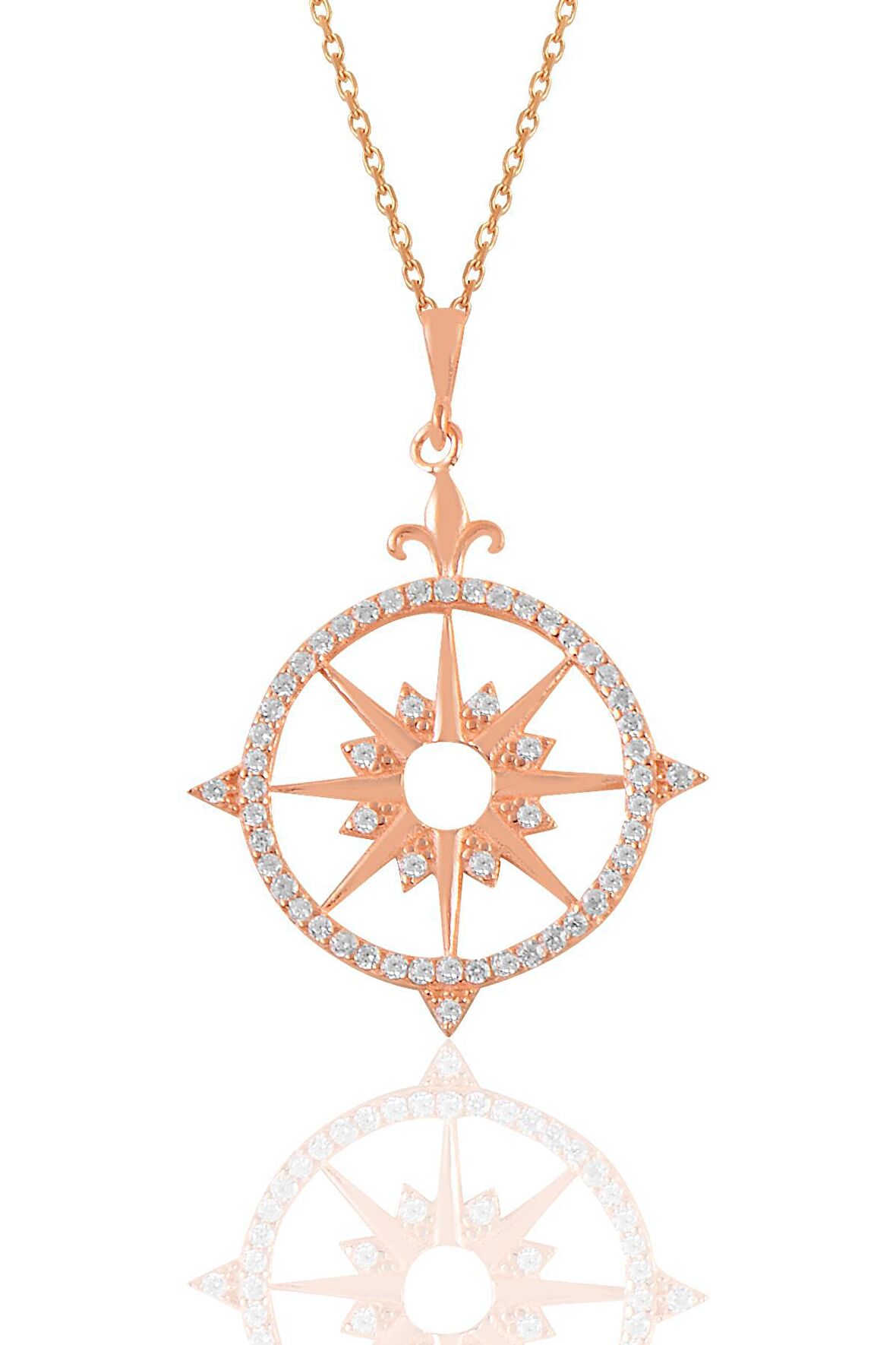 Gümüş rose zirkon taşlı kutup yıldızı pusula kolye
