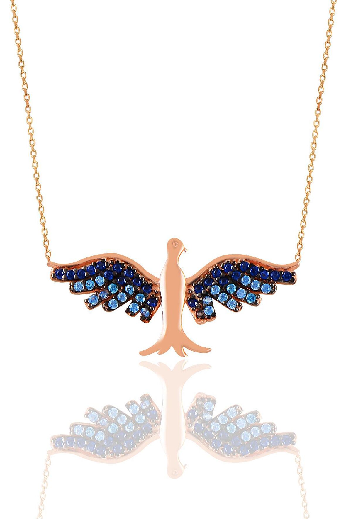 Gümüş rose safir ve akuamarin taşlı simurg anka kuşu kolye