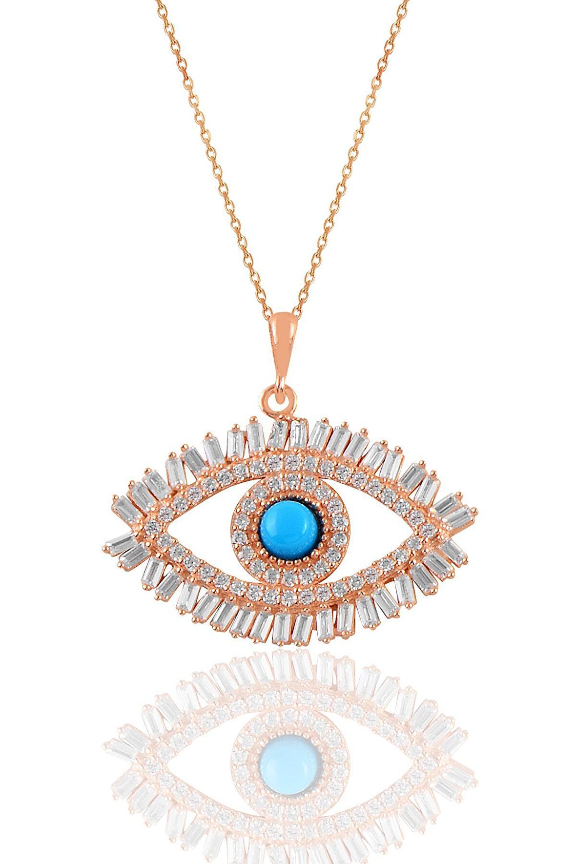 Gümüş rose turkuaz ve baget taşlı göz kolye