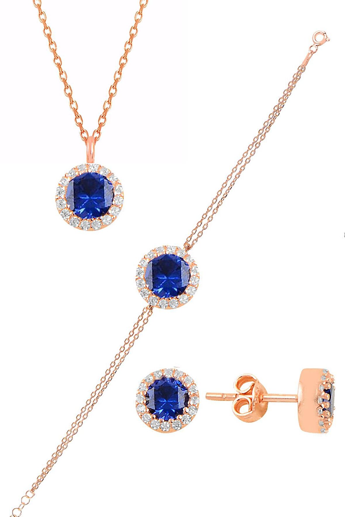 Gümüş rose zirkon ve  safir taşlı pırlanta modeli üçlü set