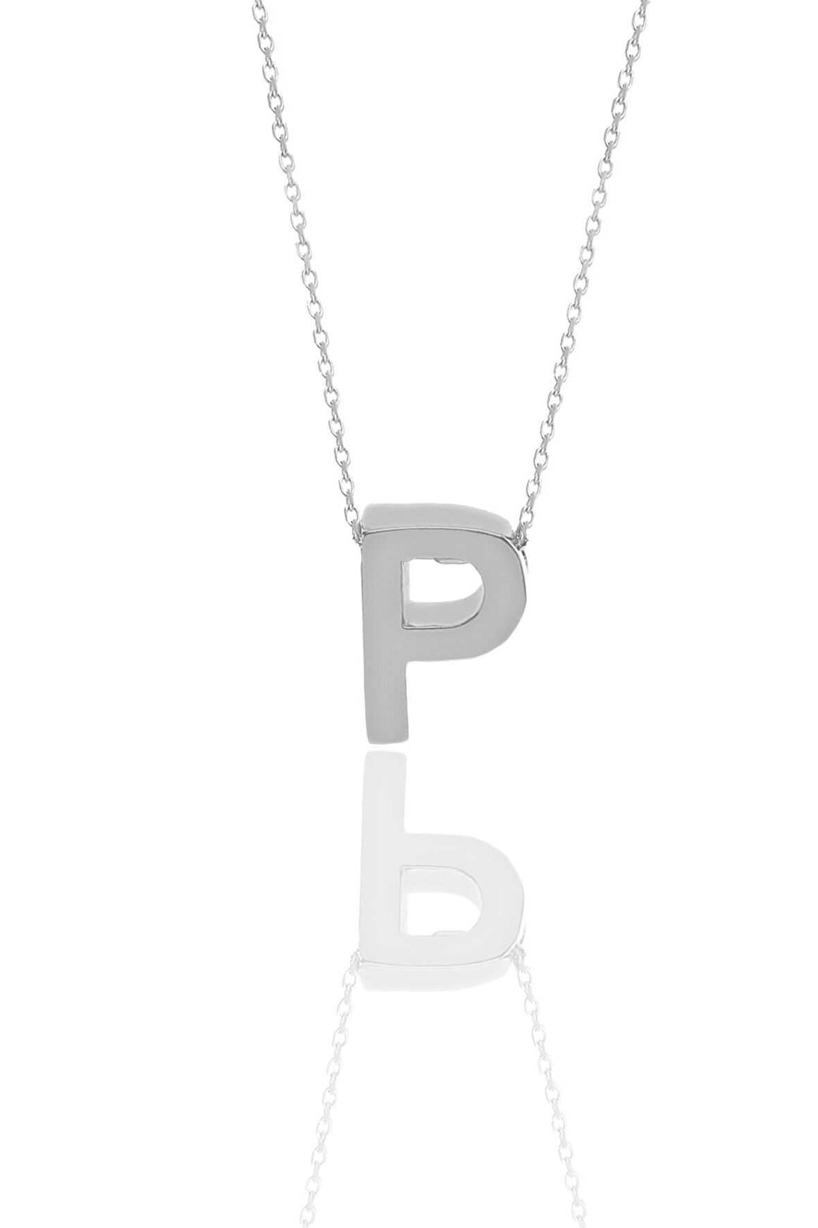 Gümüş rodyumlu üç boyutlu minimal P  harf kolye