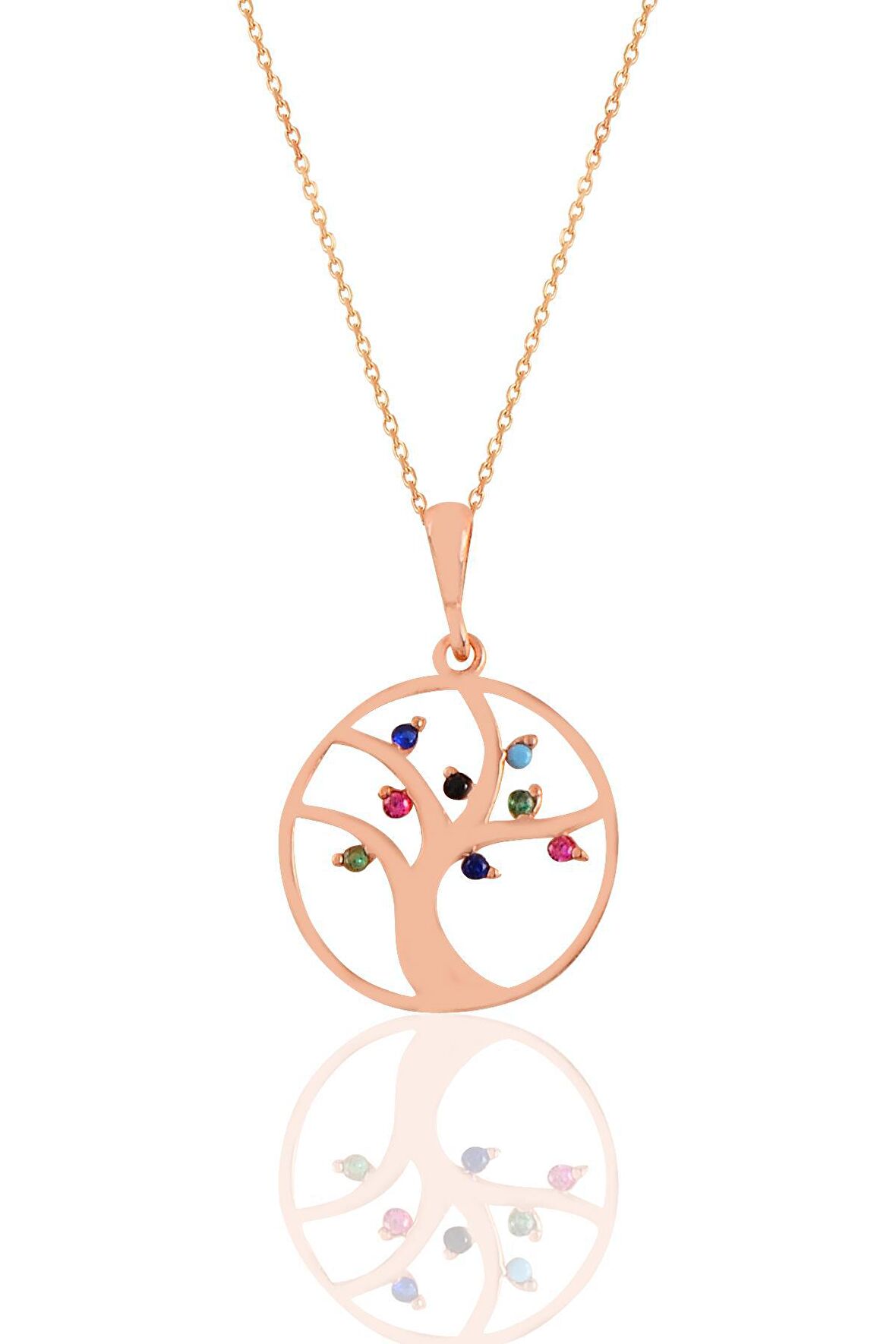 Gümüş rose  renkli taşlı ağaç kolye