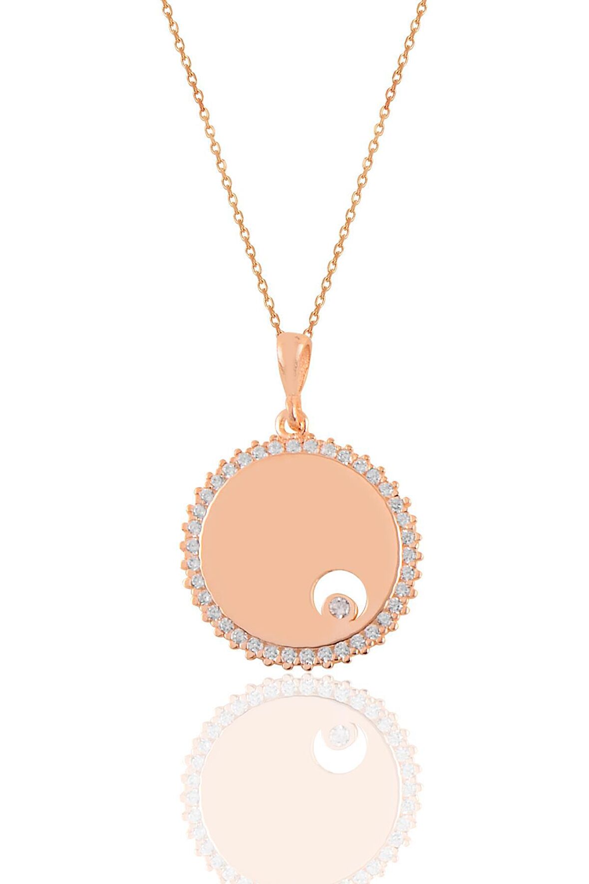 Gümüş rose zirkon tek taşlı yuvarlak kolye