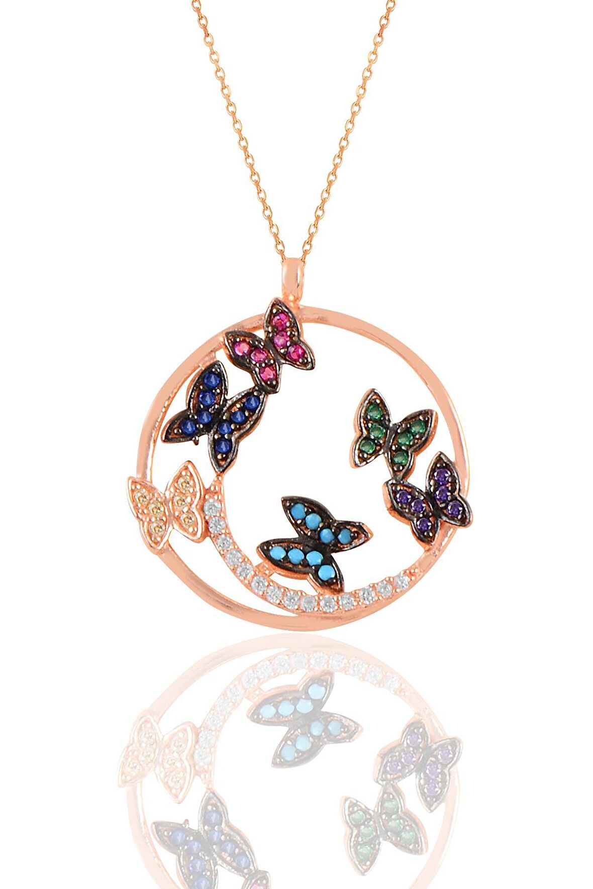 Gümüş rose renkli taşlı uçuşan kelebekler kolye